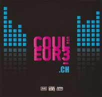 Stylized graphic with blue digital equalizer bars and "COULEUR3.CH" in bold pink and blue text against a black background.