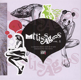 Collage artwork with a panda, lizard, and dancer, featuring the text "Métissages Vol. 2" and abstract shapes on a pink background.