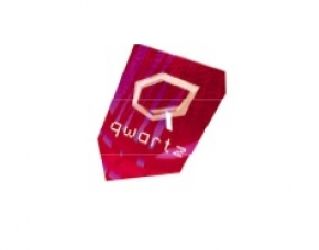 Red gemstone with a hexagonal outline and the word "qwartz" on it, set against a white background.