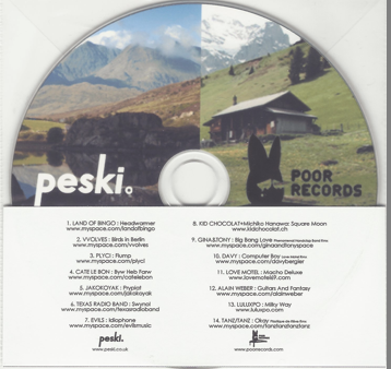 CD with an alpine landscape on the cover, featuring tracklist and logos for "peski" and "POOR RECORDS" at the bottom.