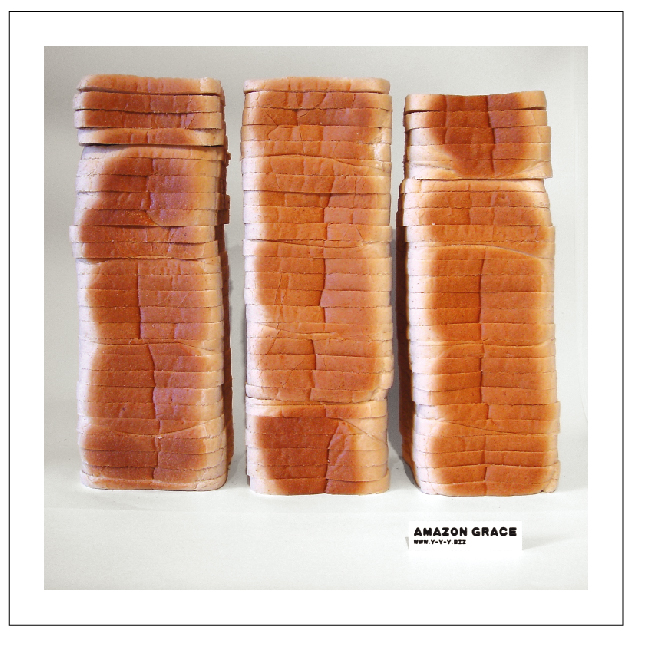 Three stacks of sliced bread in varying heights against a light background, with text "Amazon Grace" at the bottom.