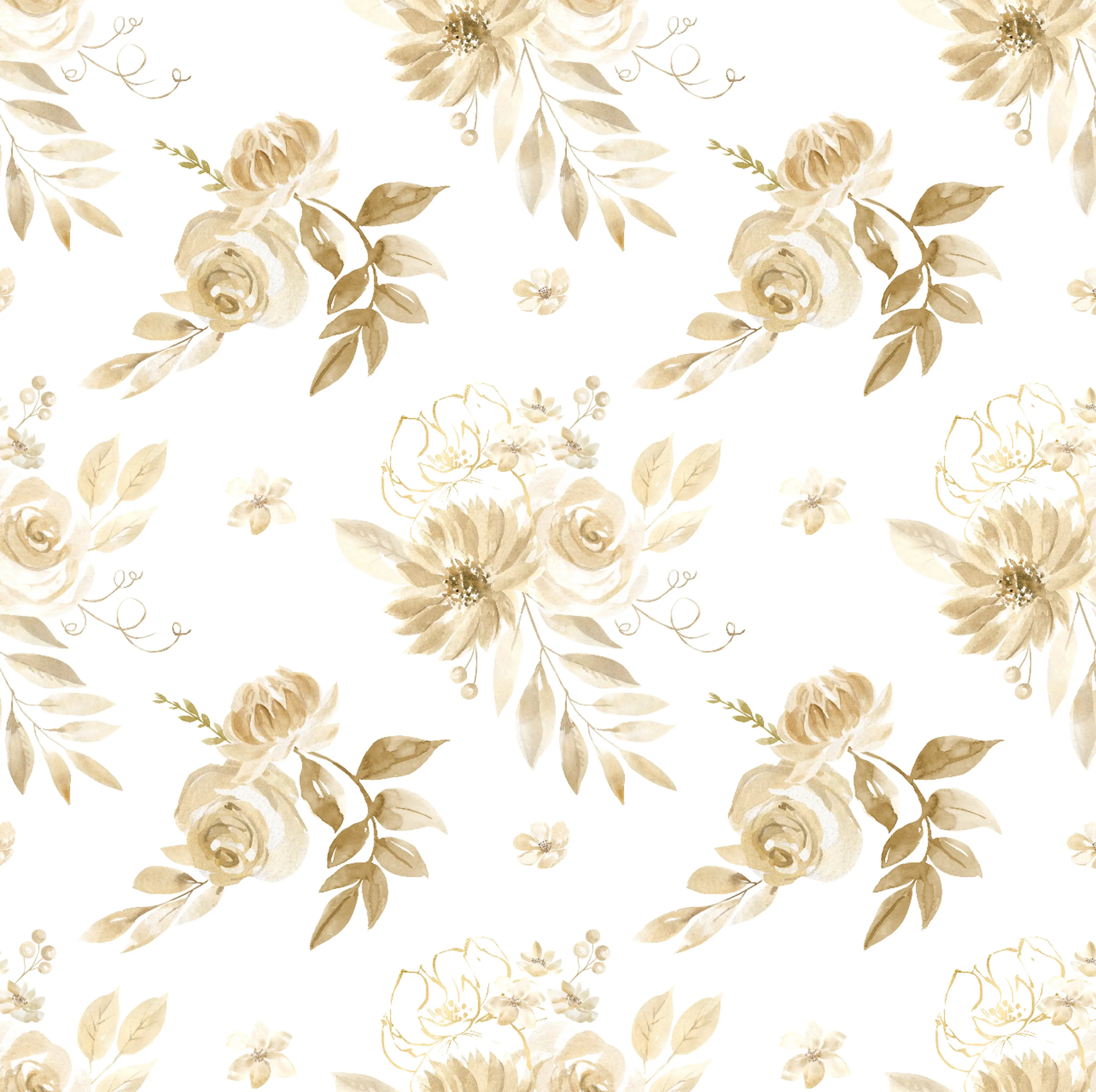 Ein durchgehendes Muster aus beigen und weißen Blumen im Aquarellstil mit Blättern auf weißem Hintergrund, das ein elegantes Design im Vintage-Stil bildet.