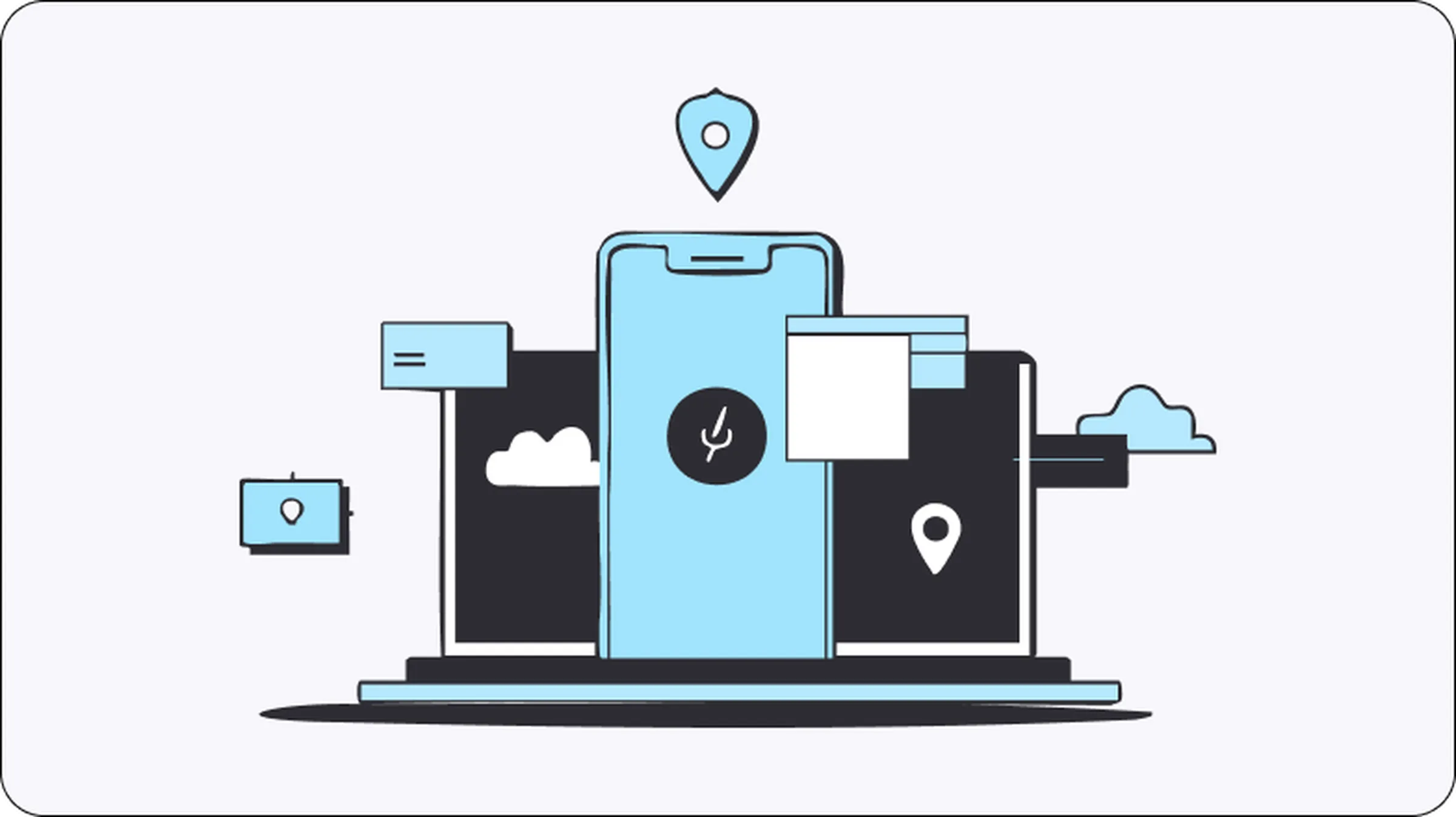 Illustration of mobile and desktop screens with location pins and cloud icons, representing the use of proxies for ad verification, accurate geo-targeting, and campaign monitoring.