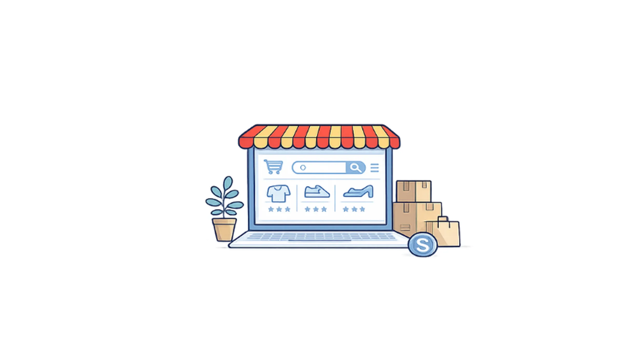 Illustration of an online marketplace seller dashboard shown on a laptop, representing the use of proxy servers for safe account management, product listing, and marketplace operations.