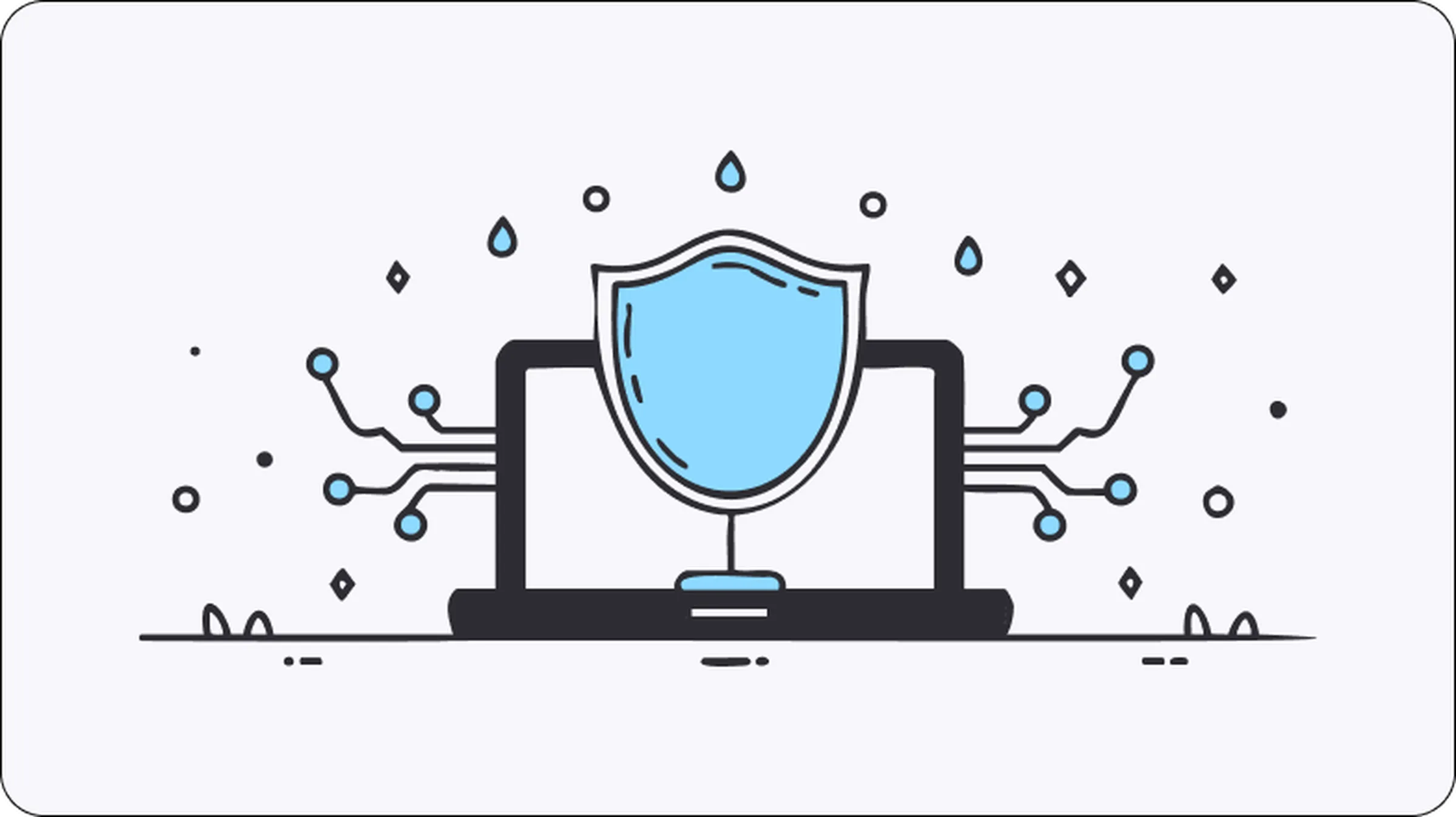 Illustration of a laptop with a central shield and digital connections, symbolizing the comparison between VPN and proxy technologies for protecting online privacy and ensuring data security.