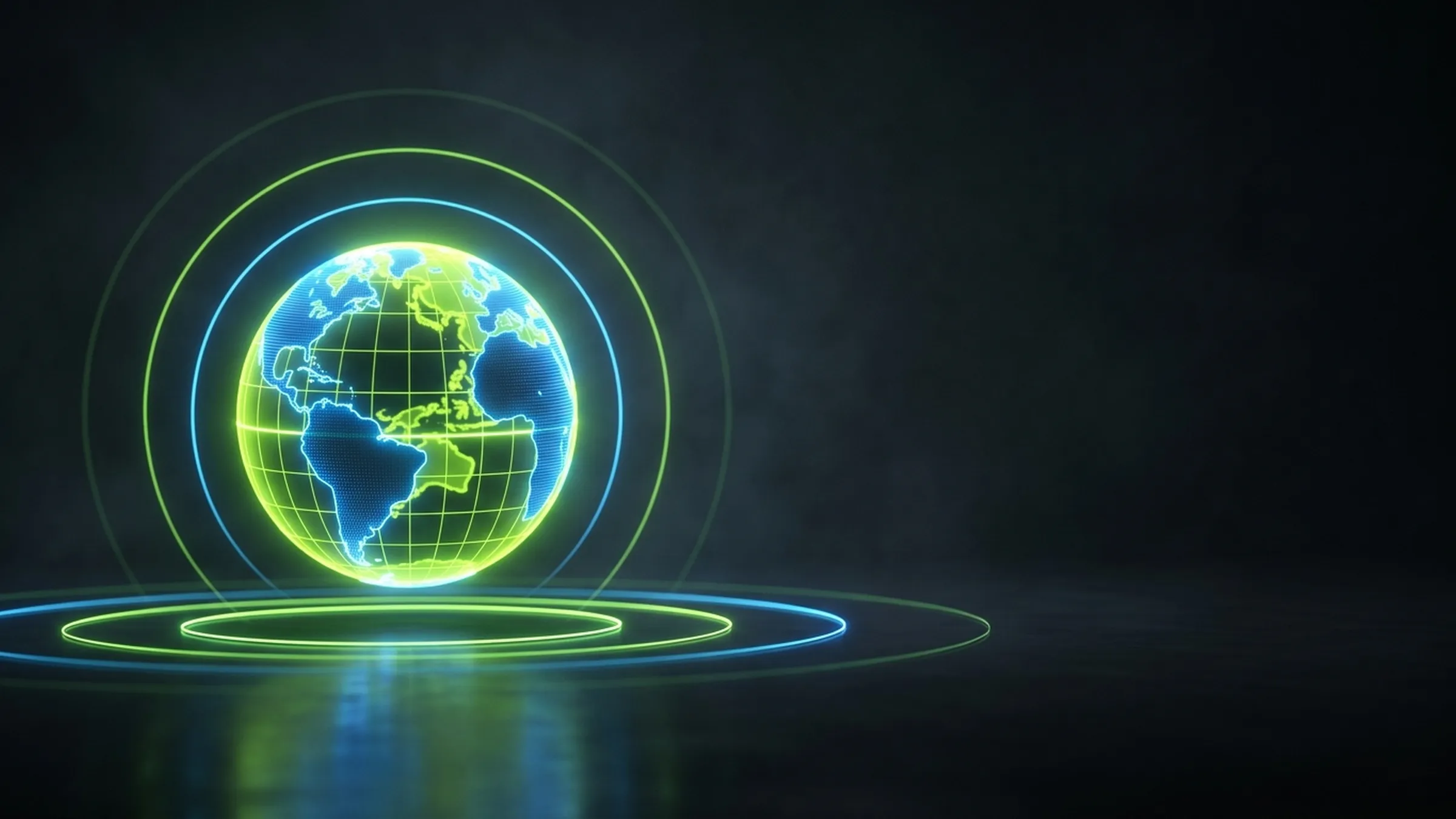 A glowing lime and electric-blue globe with concentric pulse rings radiating outward sits on a dark reflective surface.