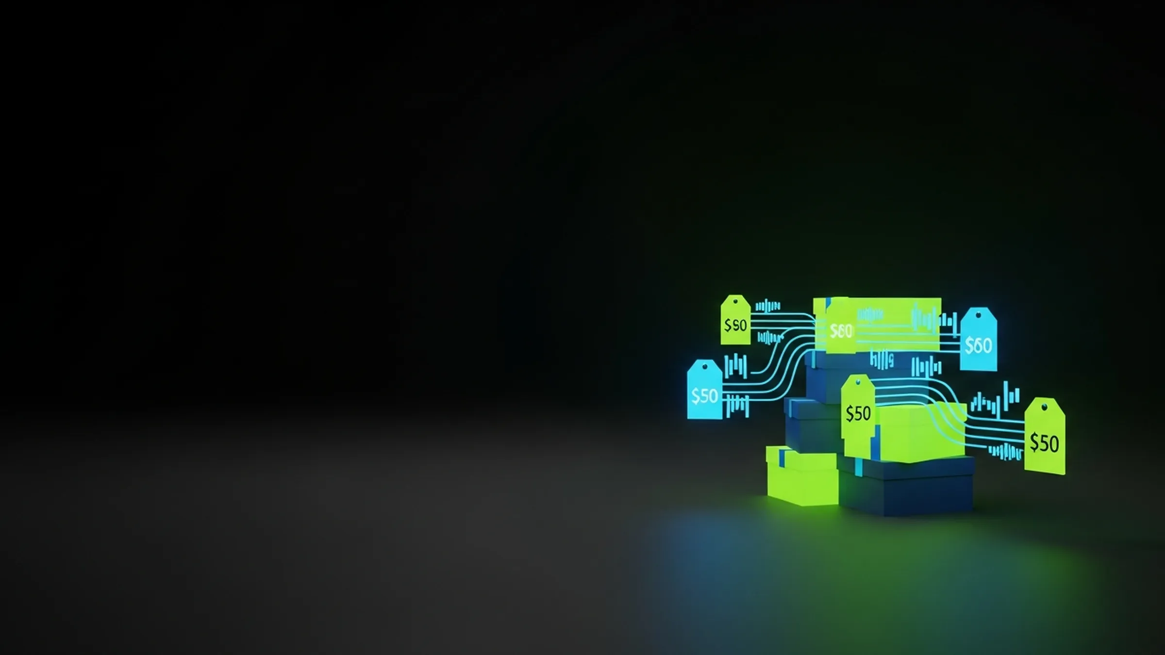 Glowing lime and electric-blue stacked product boxes with floating price tags and data stream lines on a dark reflective surface.