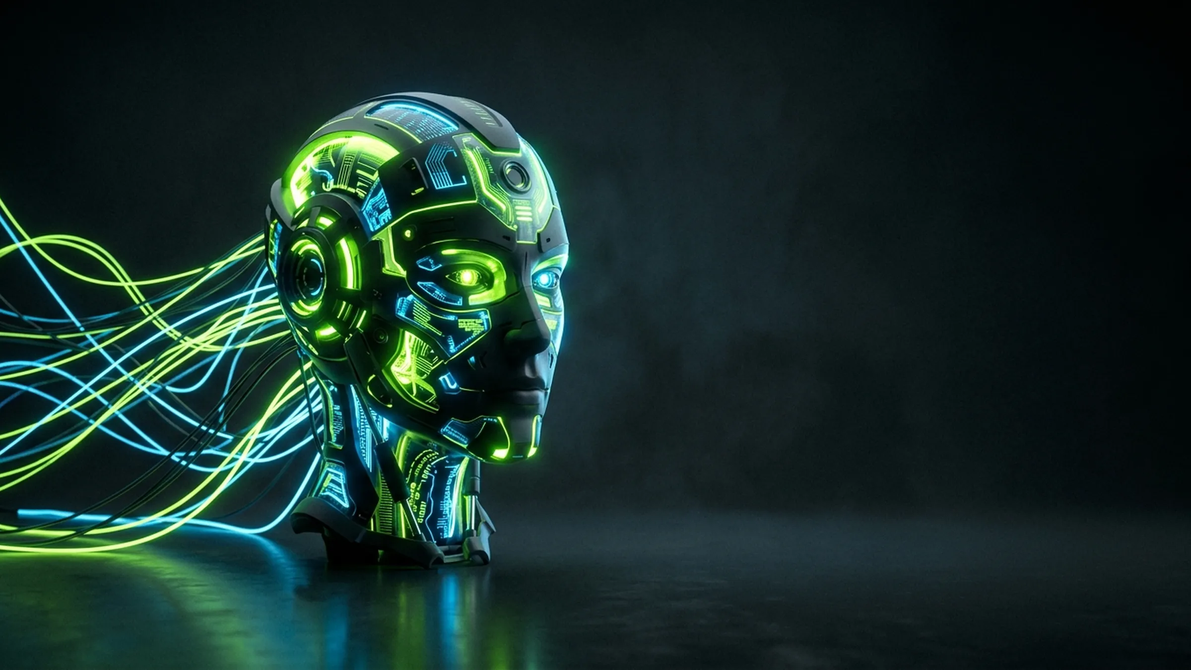 A glowing lime and electric-blue humanoid robot head with circuit patterns and data stream tendrils extending outward on a dark reflective surface.