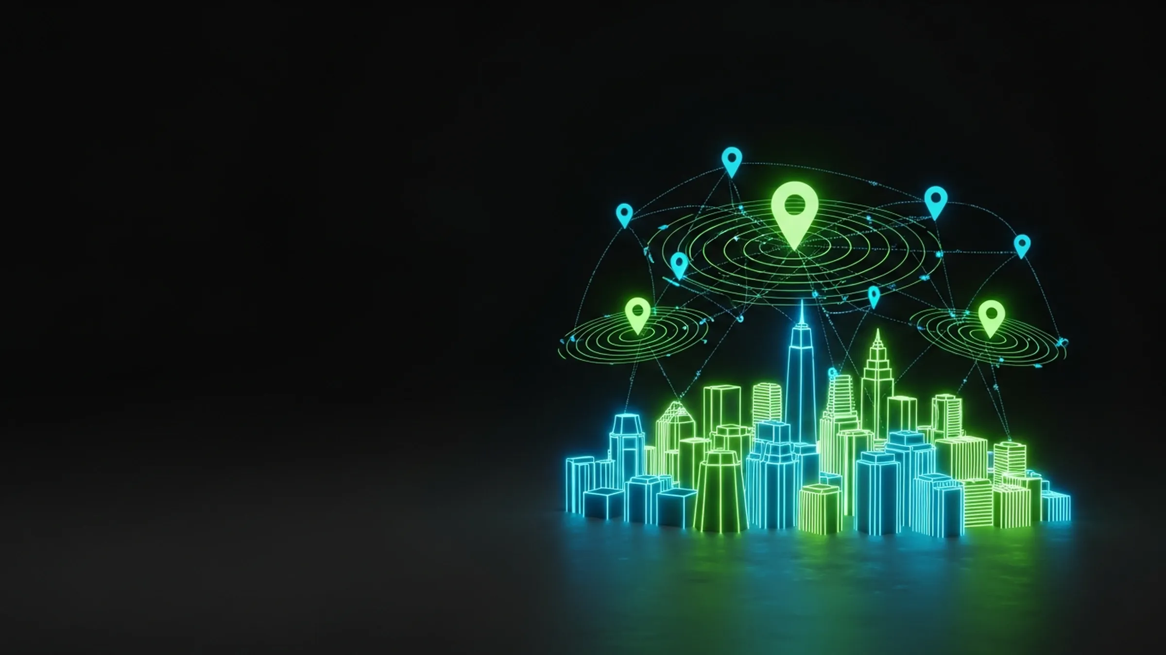 A glowing lime and electric-blue city skyline with location pins and radar rings hovering above it on a dark reflective surface.