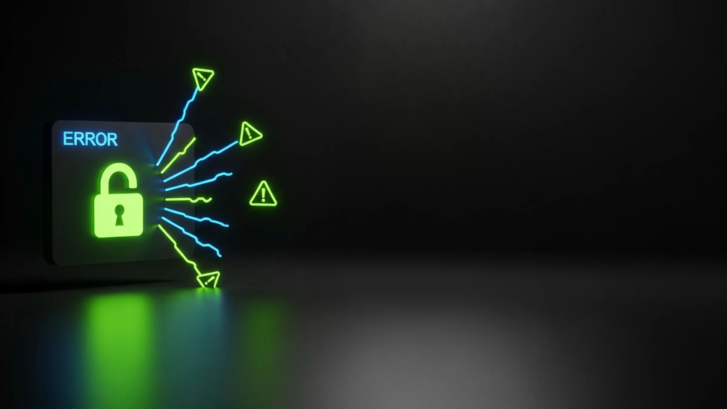 A glowing error screen with a lime lock icon and electric-blue warning signals radiating outward on a dark reflective surface.