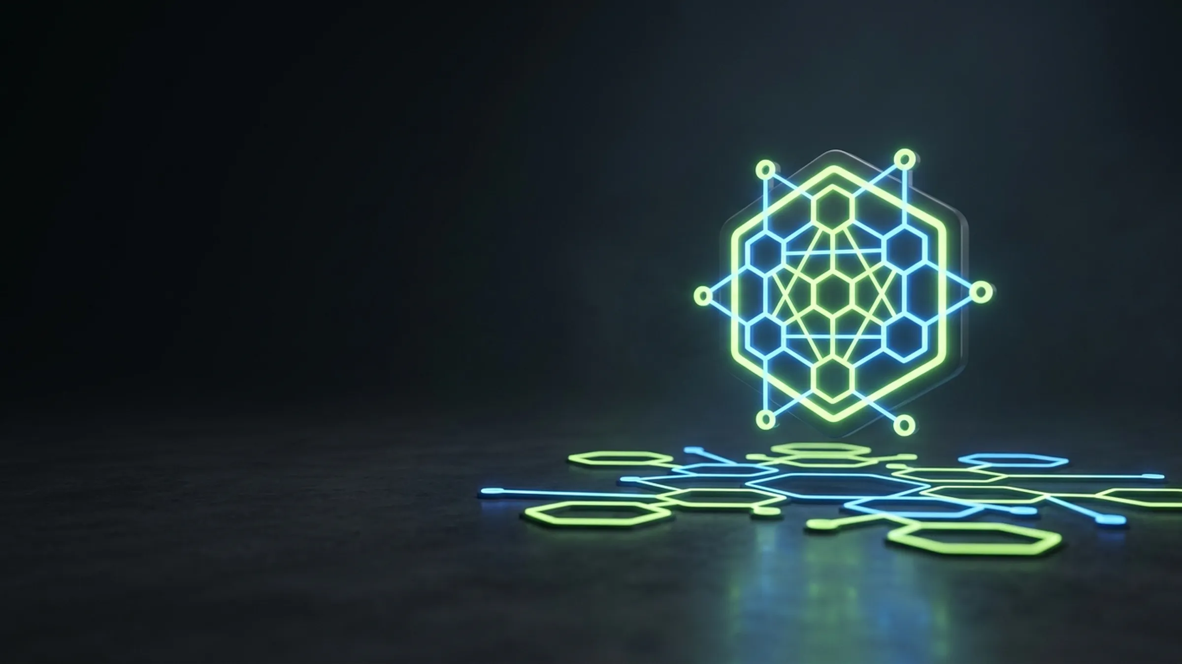 A glowing lime and electric-blue hexagonal network badge floats above a spread of interconnected circuit nodes on a dark reflective surface.