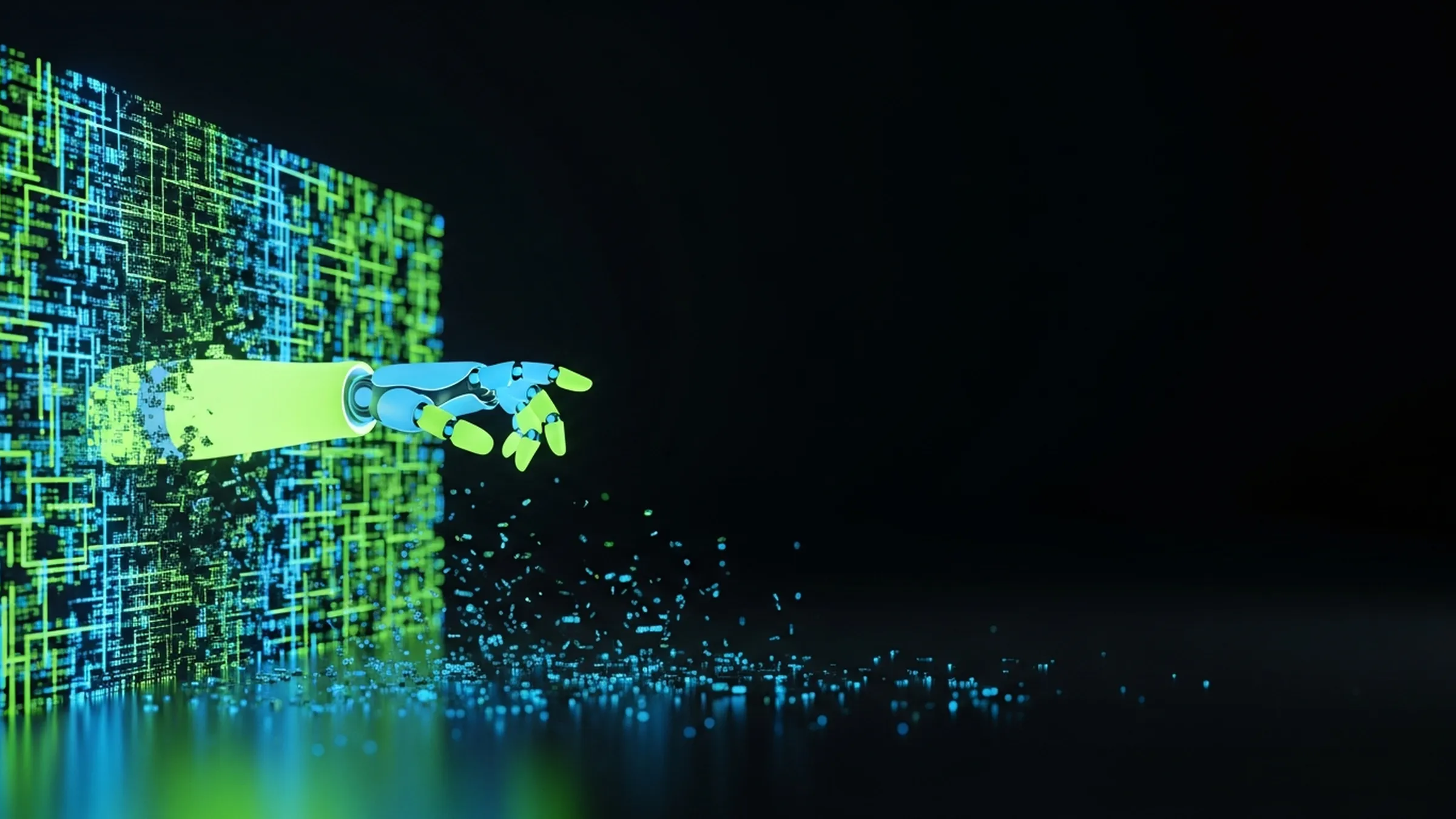 A glowing robotic hand punches through a lime and electric-blue digital barrier wall covered in data streams, with particles scattering on a dark background.