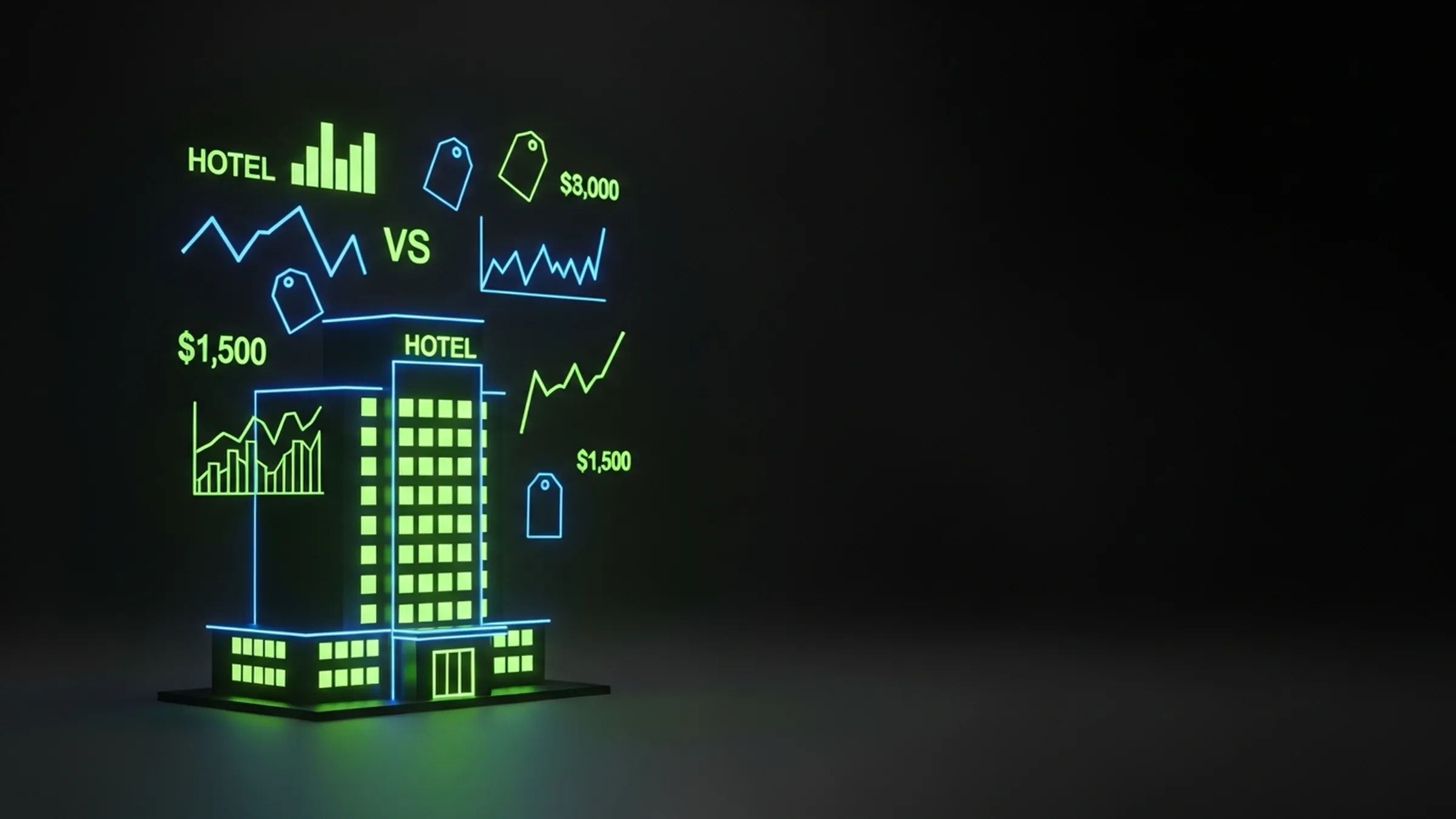 A glowing lime hotel building with electric-blue price tags, comparison charts and rate lines floating above it on a dark reflective surface.