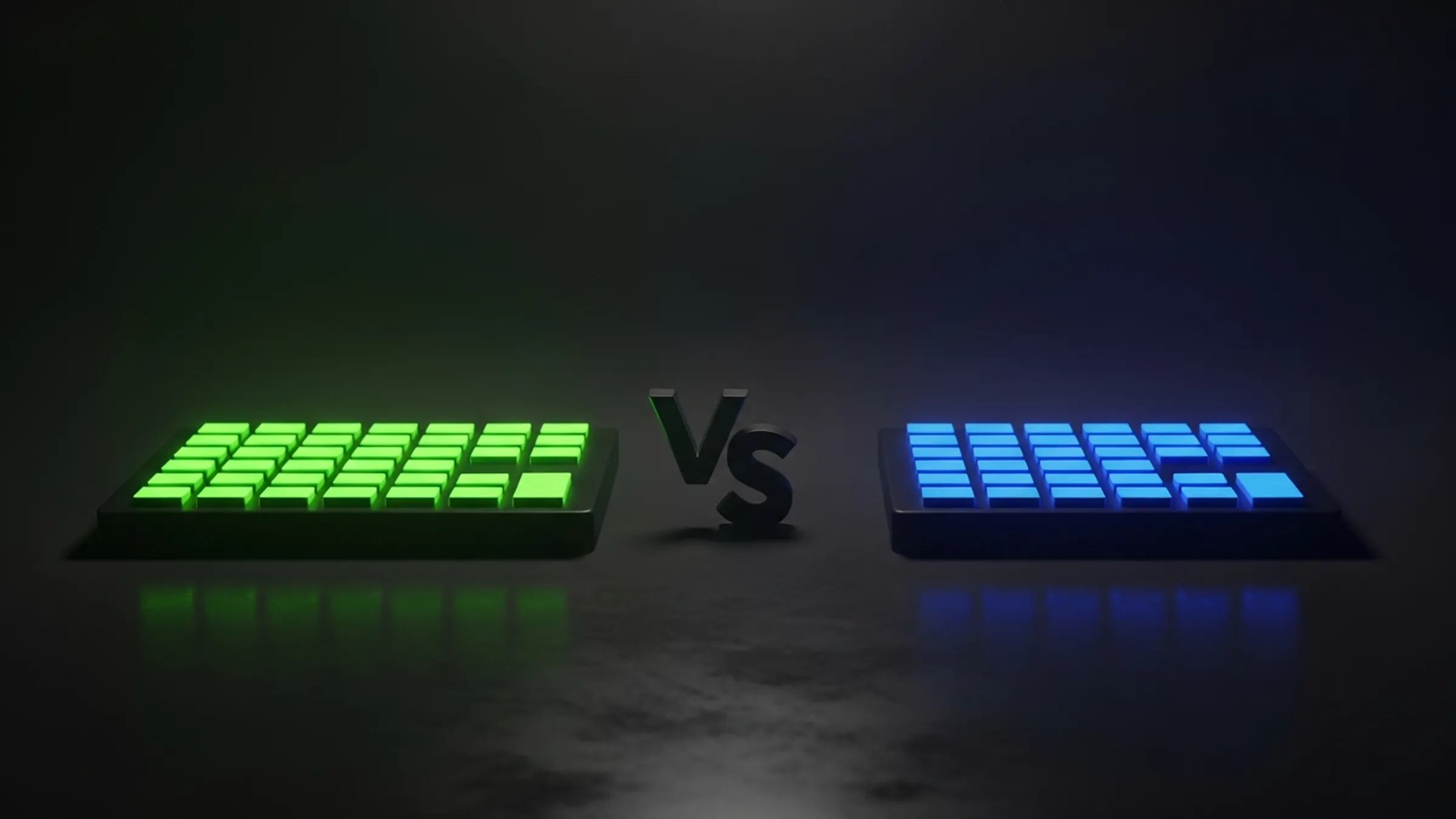 Two glowing keypads — one lime, one electric-blue — facing each other with a "VS" symbol between them on a dark reflective surface.
