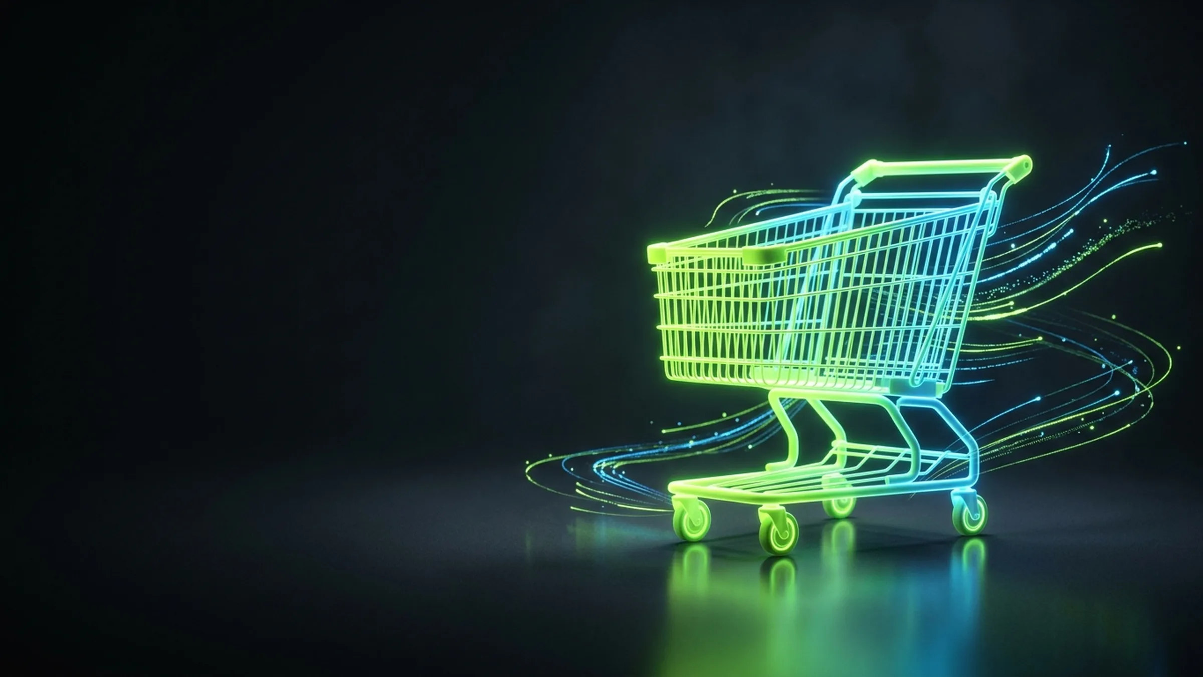A glowing lime and electric-blue wire-frame shopping cart with data stream pulses swirling around it on a dark reflective surface.