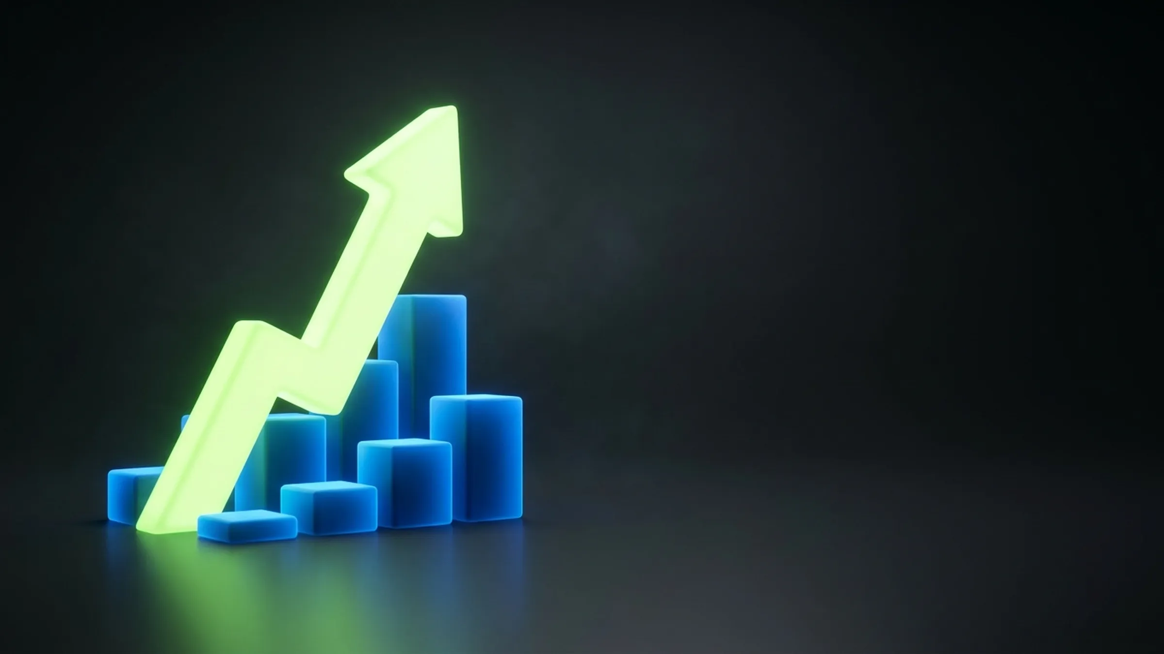 A glowing lime upward arrow rises over stacked electric-blue bar chart columns on a dark reflective surface.