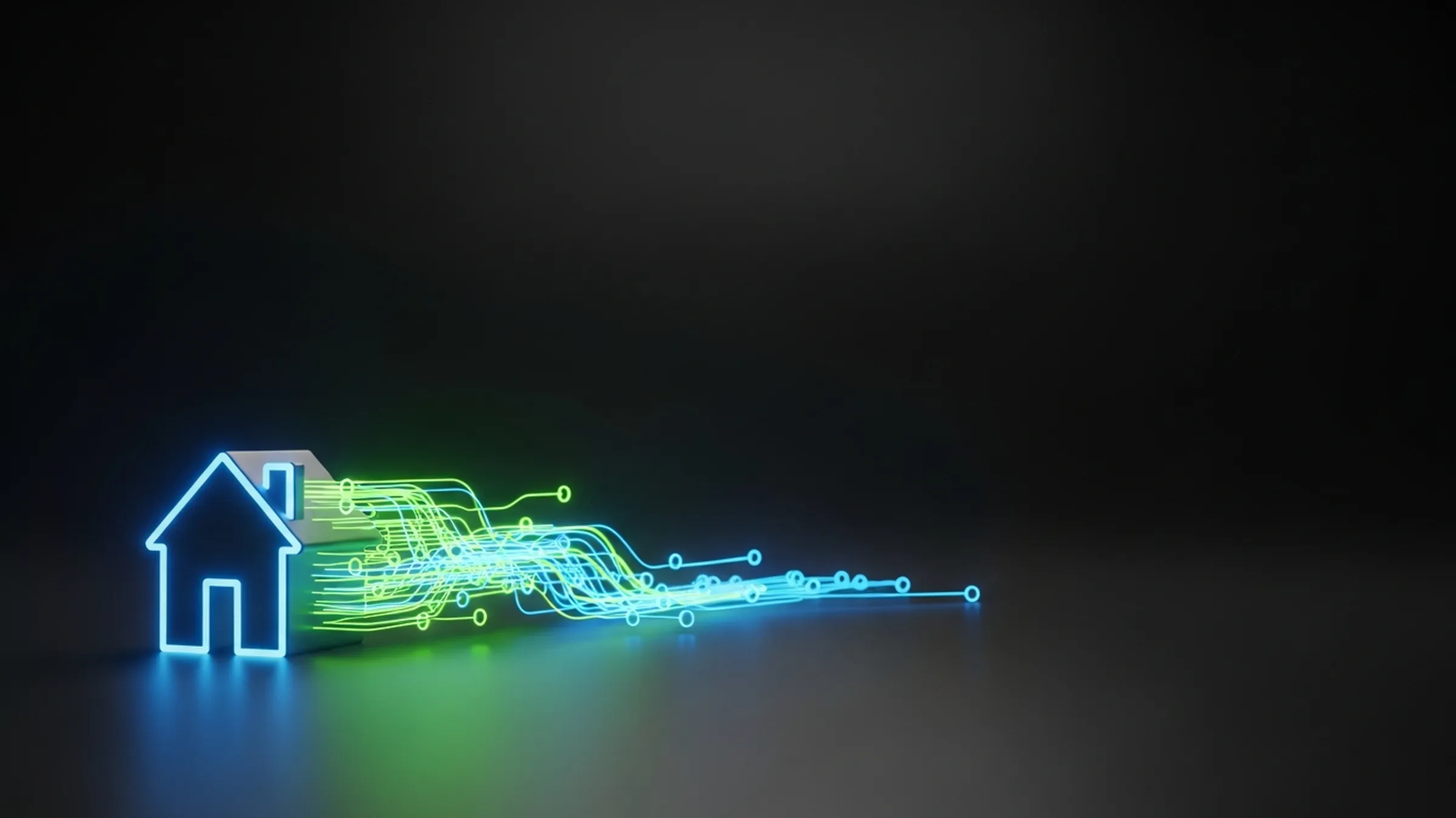 A glowing electric-blue house with lime and electric-blue data stream lines and network nodes flowing outward on a dark reflective surface.