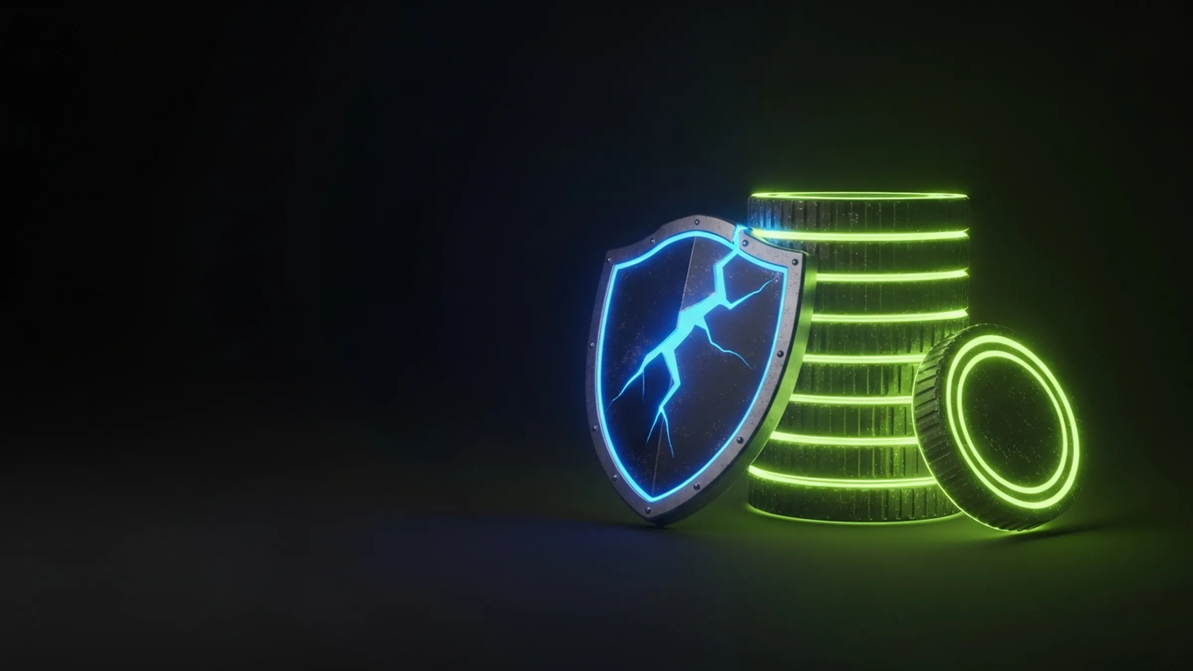 A glowing lime coin stack with a cracked electric-blue shield leaning against it, lit dramatically on a dark surface with floor reflection.
