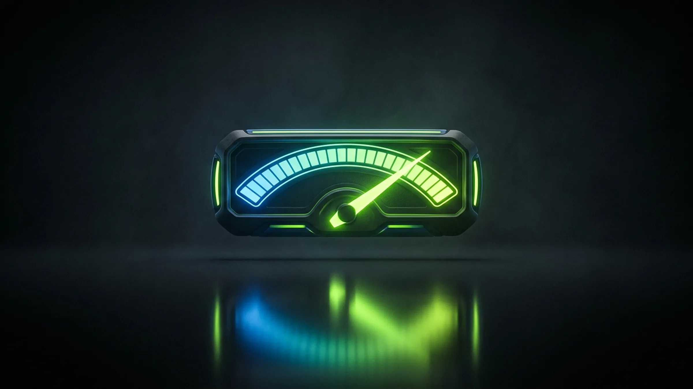 A glowing lime and electric-blue gauge meter with a needle pointing to the high end floats above a dark reflective surface.