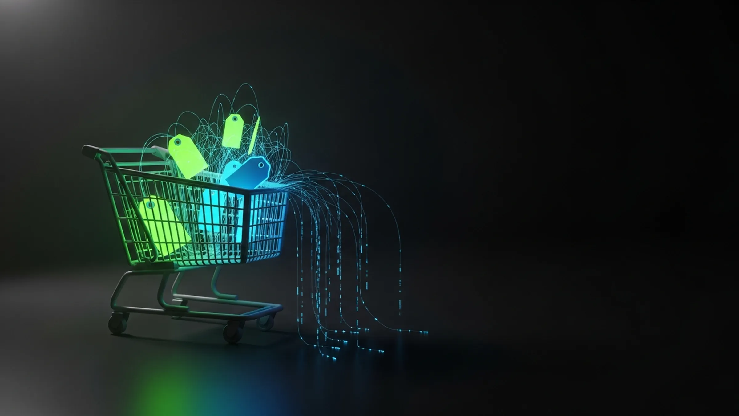 A glowing shopping cart overflowing with lime and electric-blue price tags with data streams flowing out on a dark reflective surface.