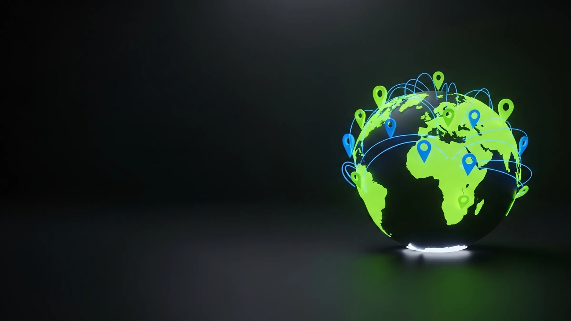 A glowing lime world globe with electric-blue location pins connected by data stream arcs on a dark reflective surface.