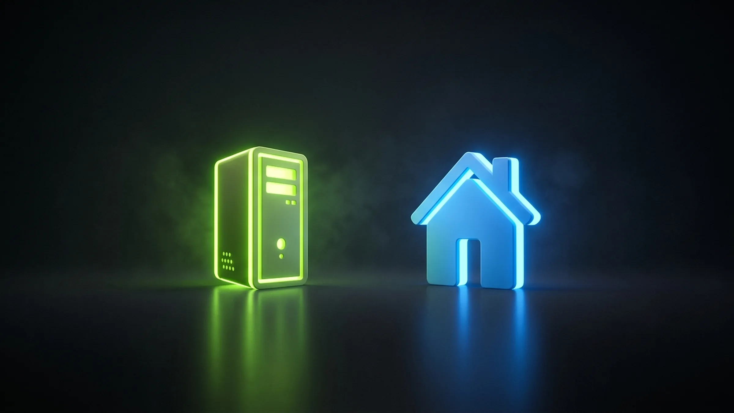 A glowing lime server tower and an electric-blue house icon stand side by side on a dark reflective surface.