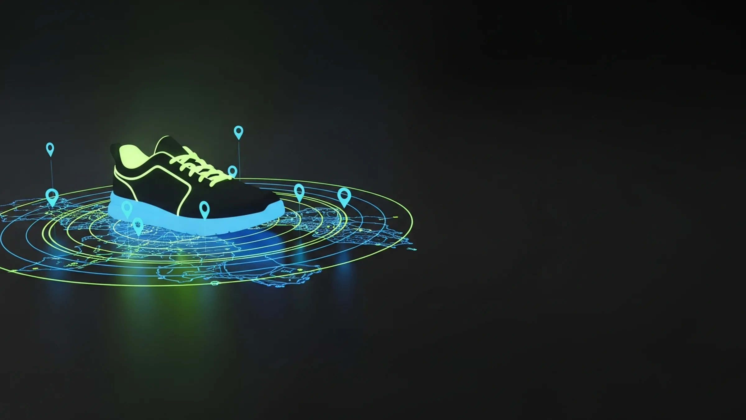 A glowing sneaker with lime laces and electric-blue sole standing on radar rings and a world map with location pins on a dark reflective surface.