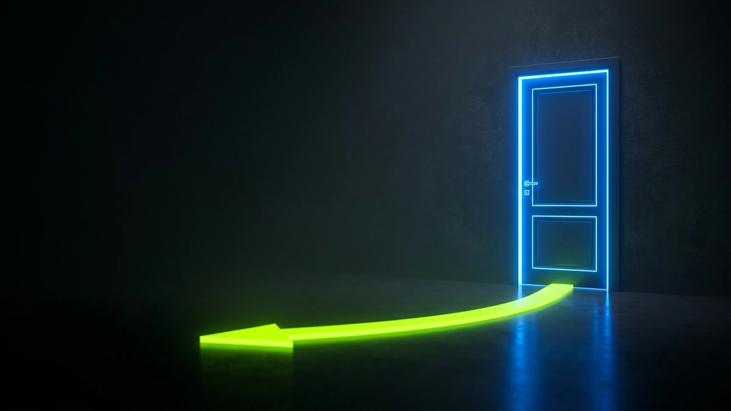 A glowing electric-blue closed door stands on a dark reflective surface with a lime arrow curving away from it toward open space.