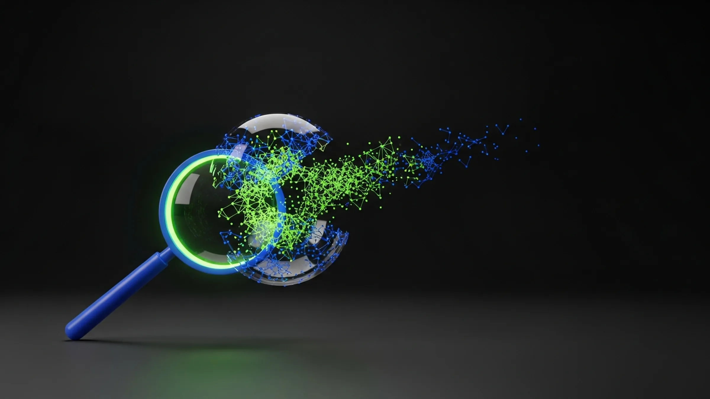 A glowing magnifying glass shattering a bubble into lime and electric-blue network node fragments on a dark reflective surface.