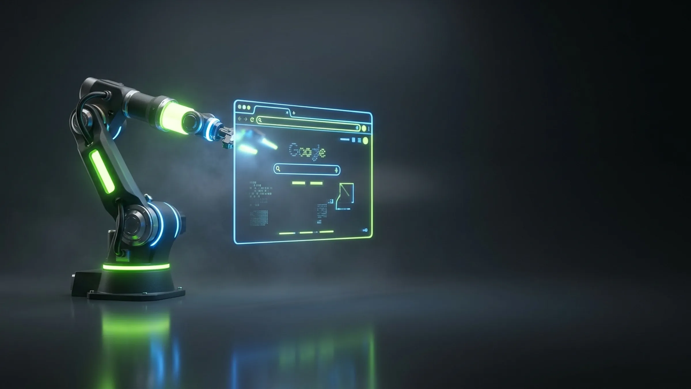 A glowing lime and electric-blue industrial robotic arm reaches toward a holographic browser window floating on a dark reflective surface.