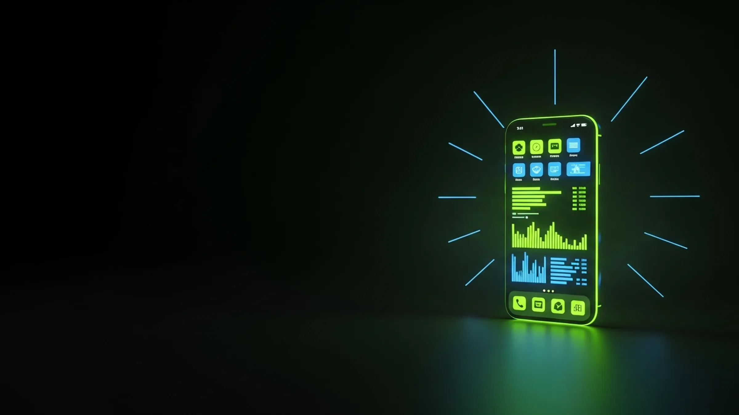 A glowing lime smartphone displaying app icons and data charts with electric-blue signal lines radiating outward on a dark reflective surface.
