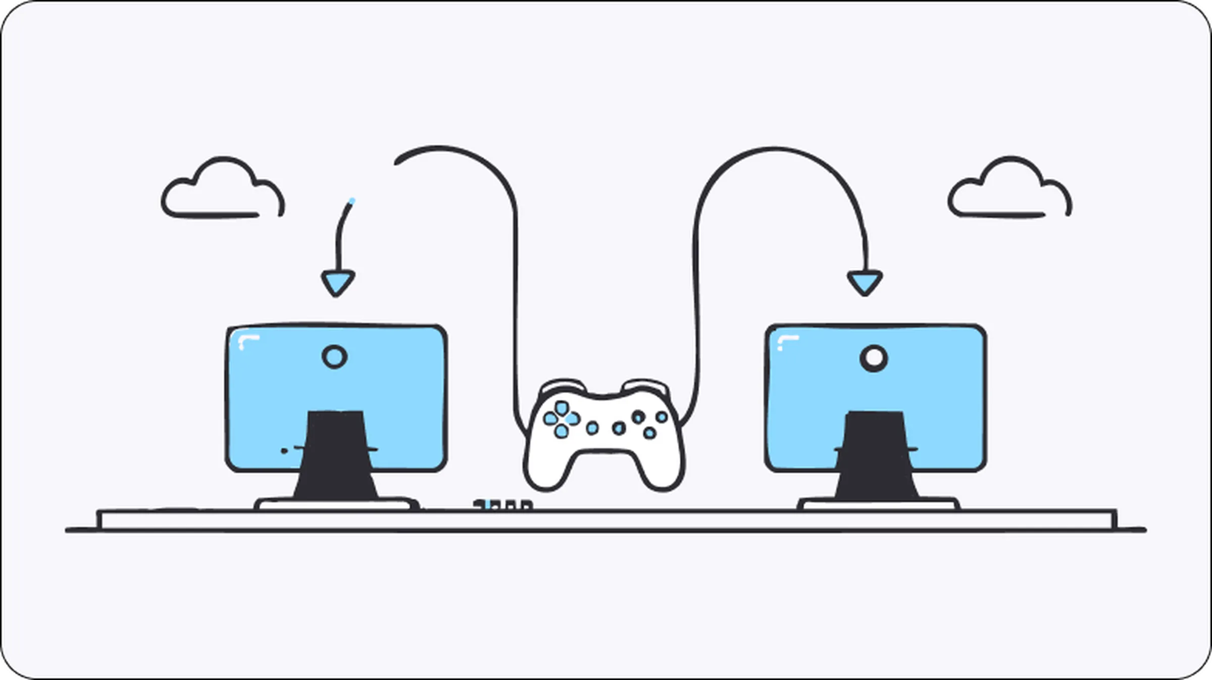 Illustration of two desktop computers connected with a gaming controller, symbolizing Discord proxy setup for secure and optimized communication.