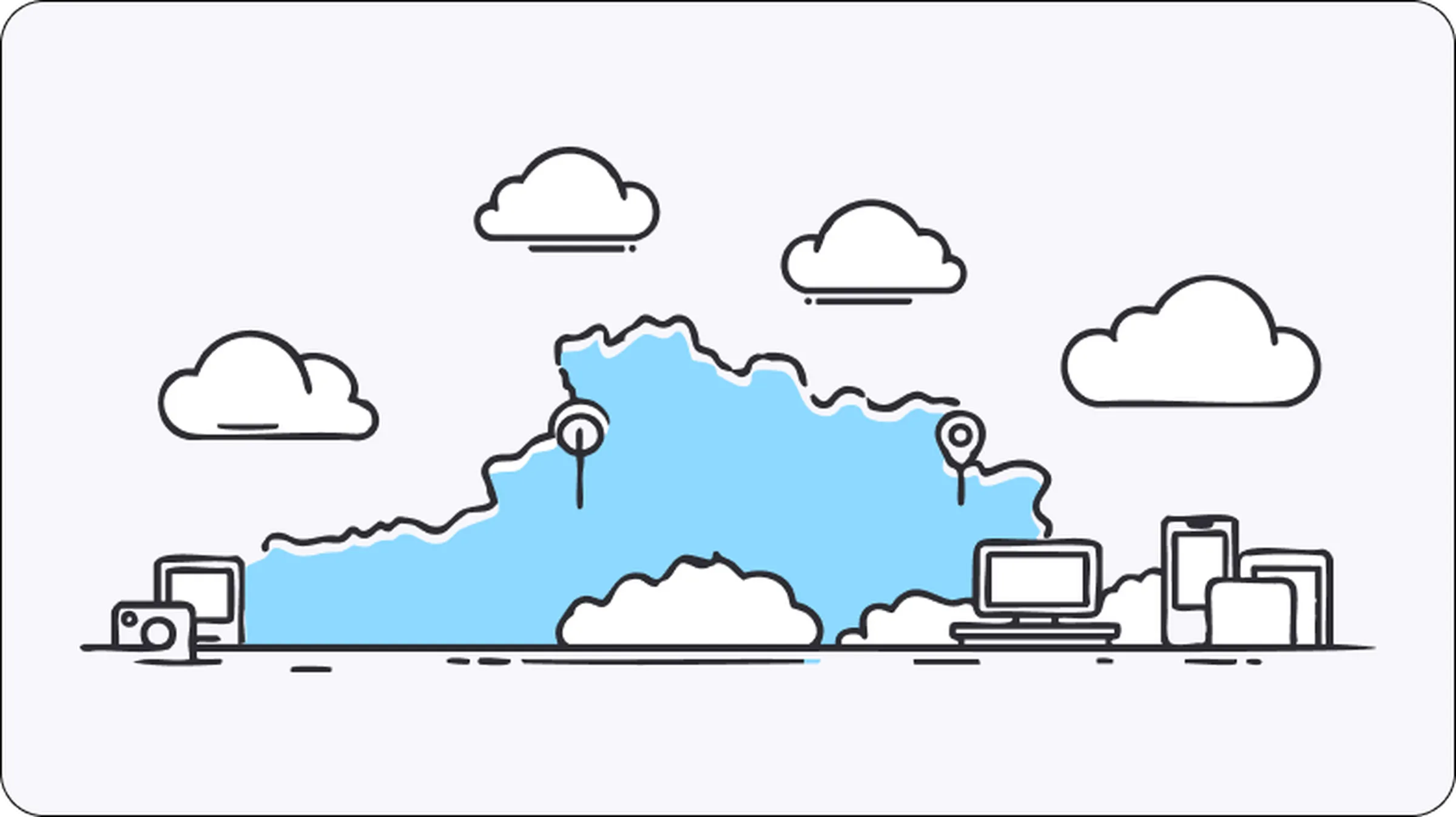 Illustration of Portugal map with location pins, clouds, and connected devices, representing secure and reliable Portuguese proxy services for private browsing and web access.