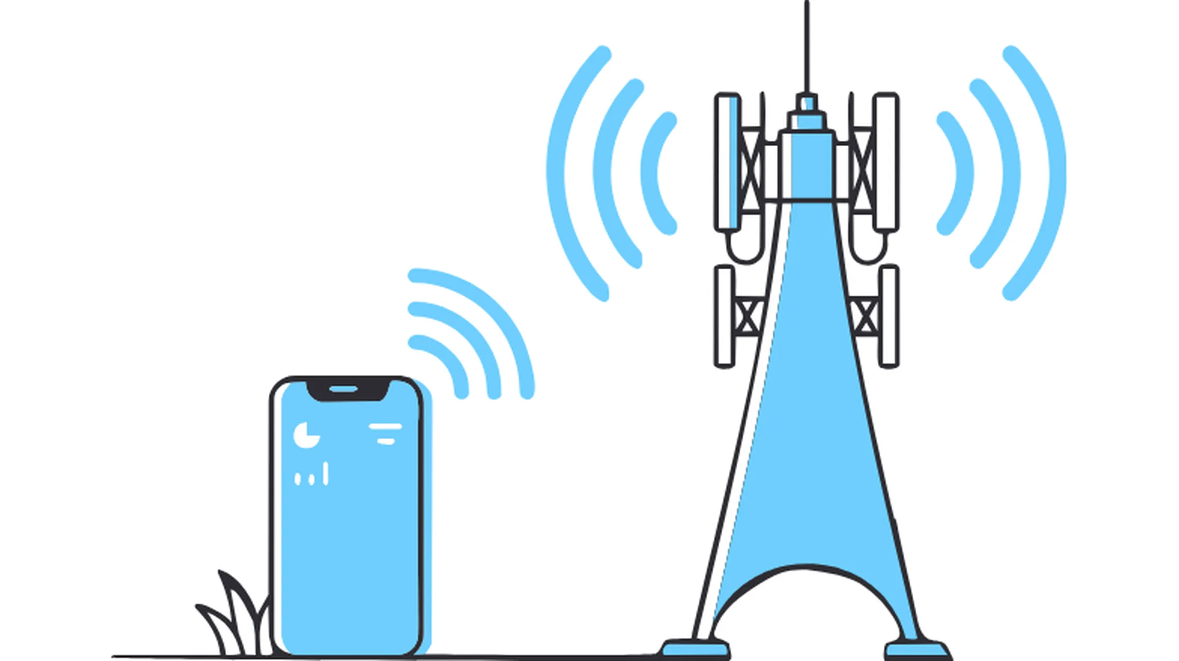 Illustration of a smartphone connecting to a cellular network tower, representing mobile proxy traffic routed through 4G/5G carrier networks.