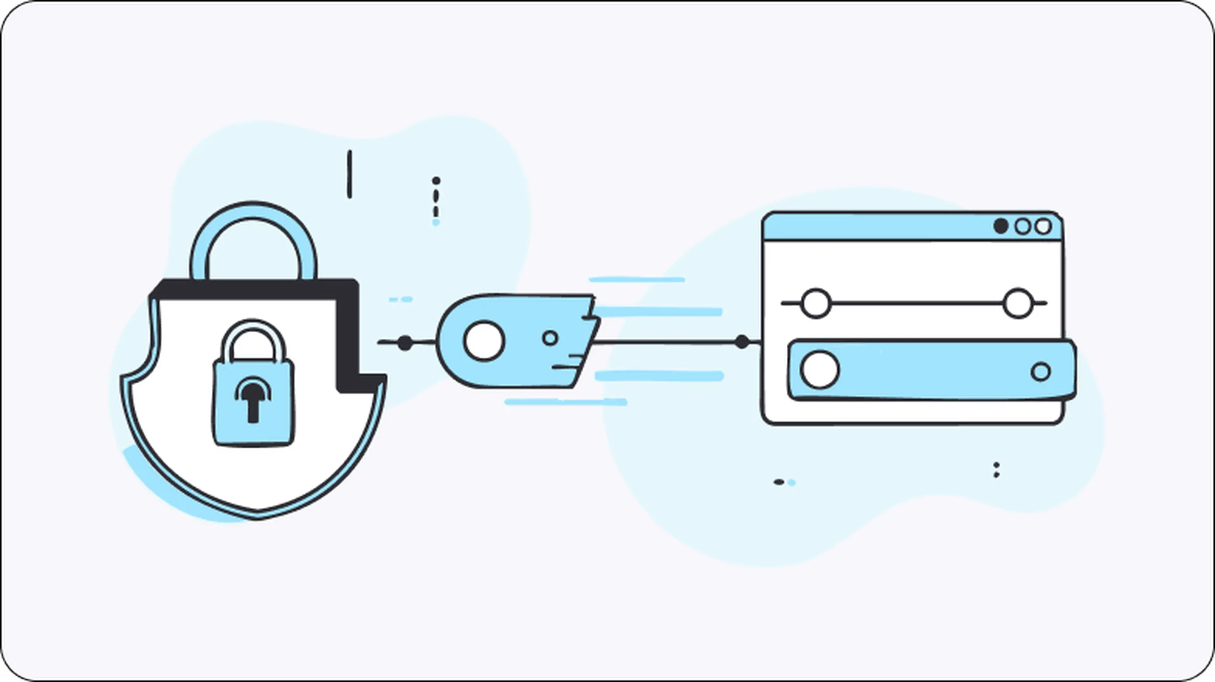 Illustration showing data encryption and secure connections between a shielded padlock and a control panel, representing the business benefits of using proxies for data security and management in 2025.