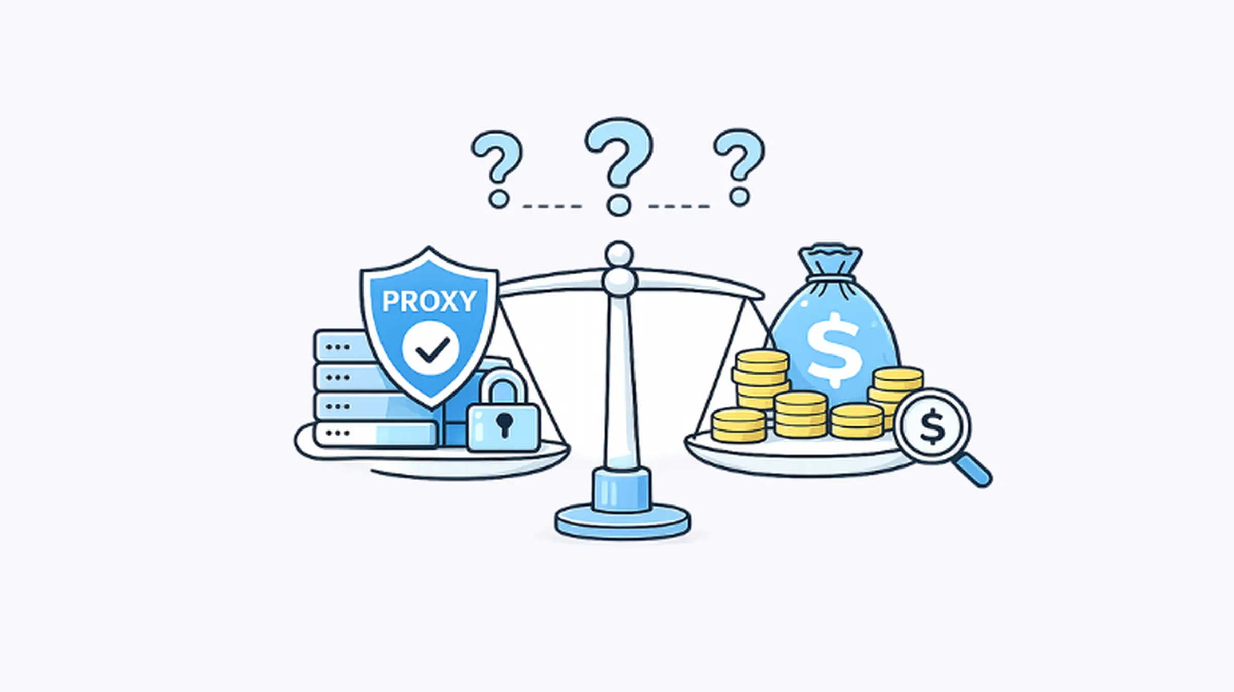 Minimalist illustration of a balance scale comparing a business proxy service with financial cost, symbolizing a decision on investing in proxies for business.