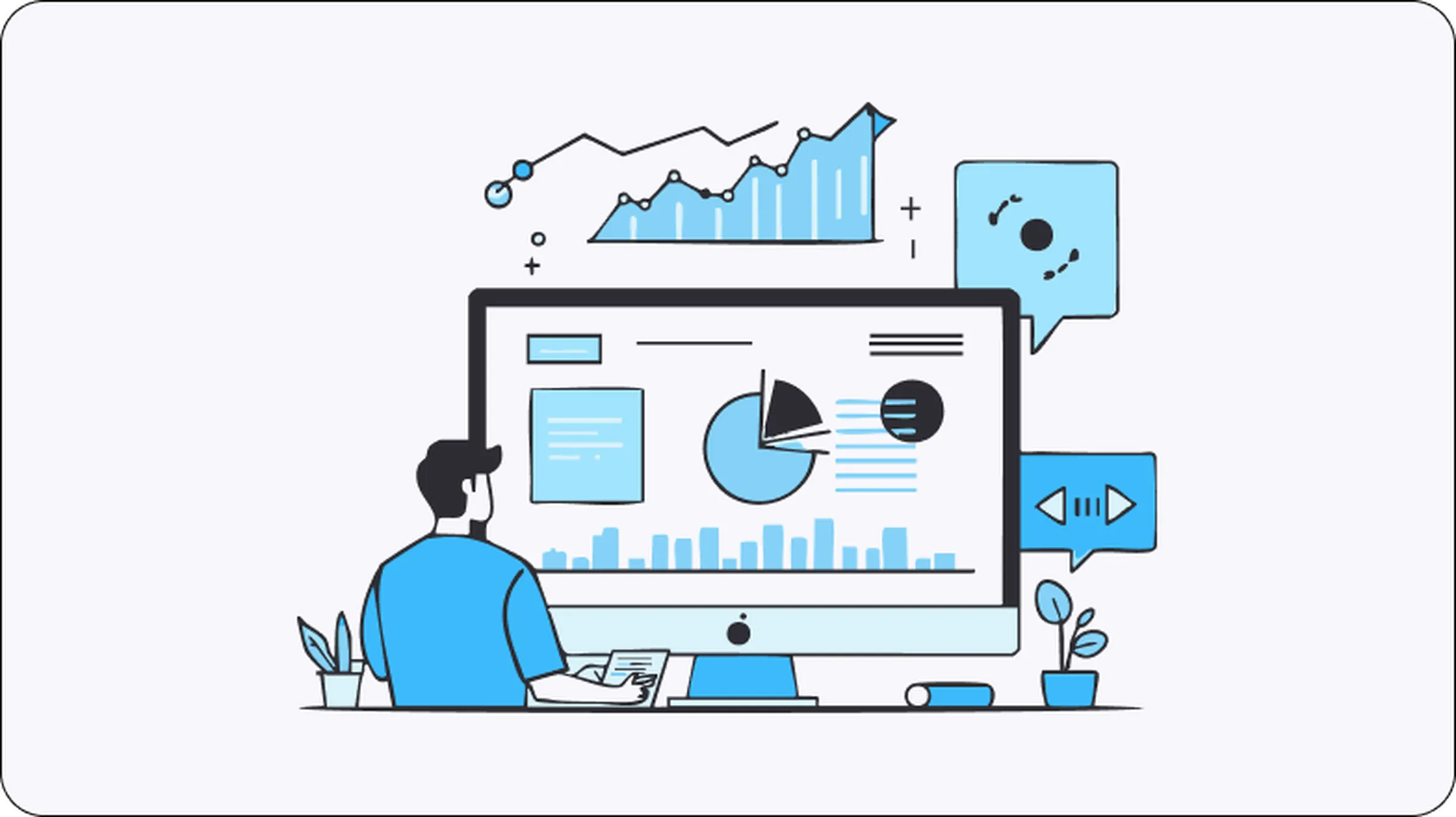 Illustration of a person analyzing charts and graphs on a desktop screen, representing firewall functionality for monitoring, controlling, and securing digital network traffic