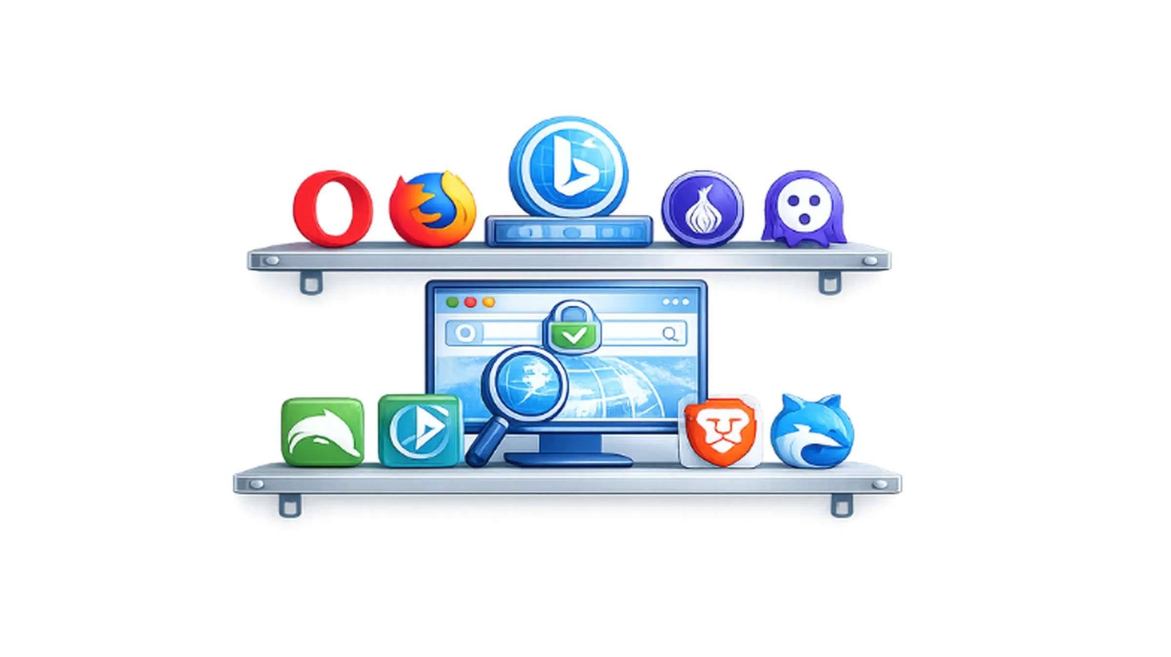 Illustration of proxy browsers with multiple browser icons on shelves and a central monitor representing proxy browsing tools.