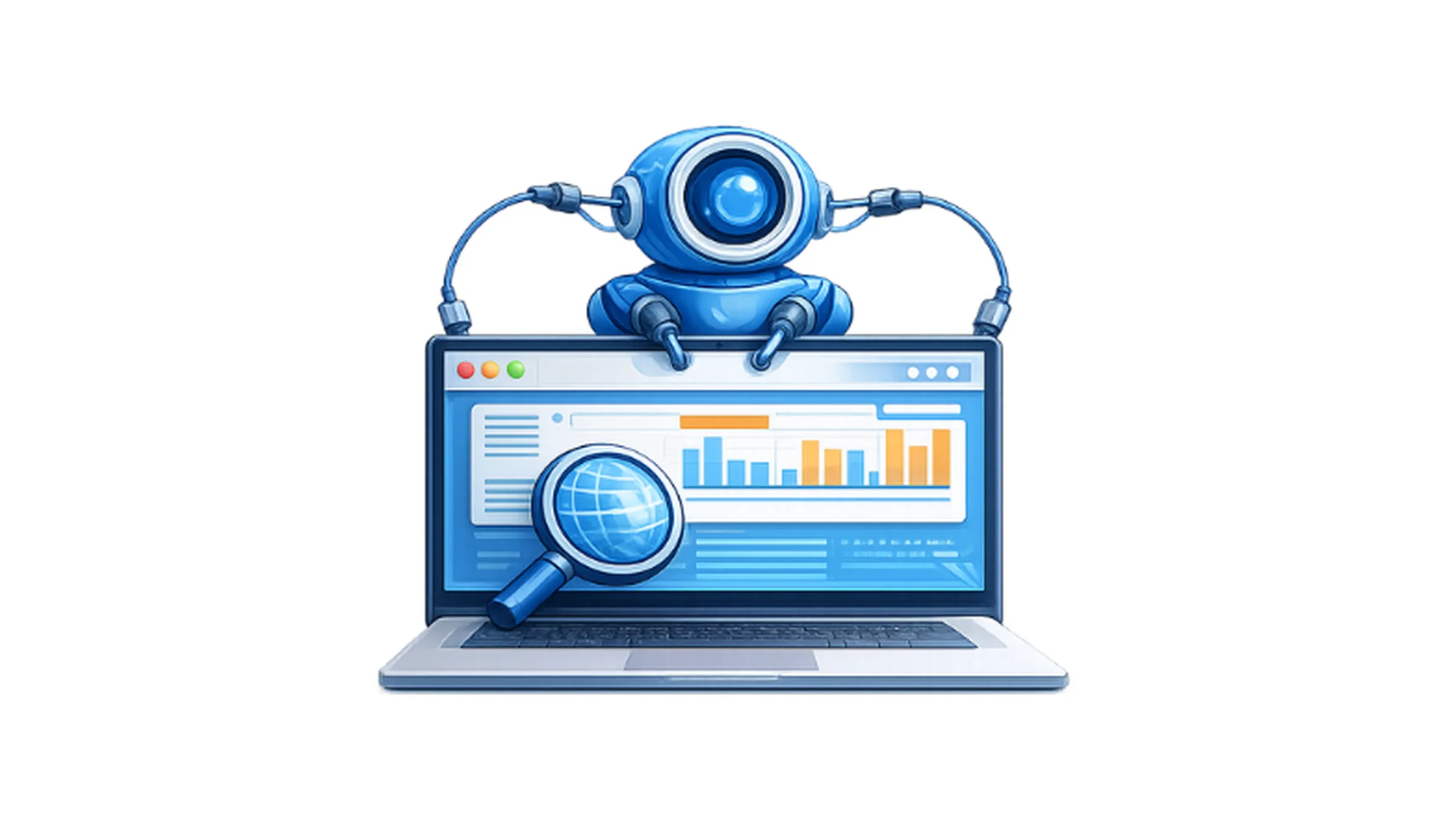 Web scraping illustration with laptop, data dashboard, and automated bot extracting structured data in blue flat style.