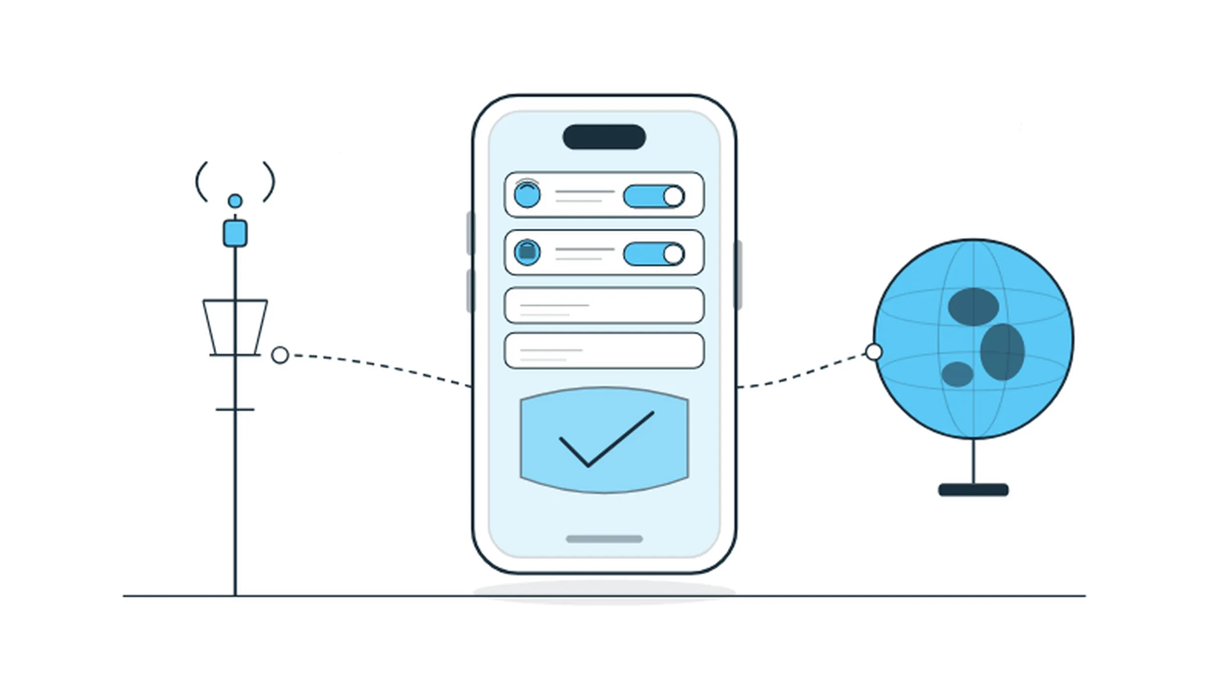 iPhone proxy server setup illustration showing a smartphone with proxy settings screen connected to a signal tower on the left and a globe on the right, representing mobile proxy configuration for iOS