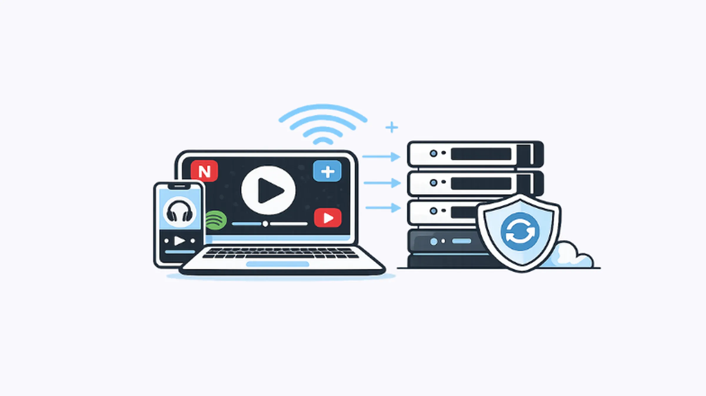 Minimal vector illustration of streaming platforms connected to proxy servers, showing secure and fast content streaming through proxy infrastructure.