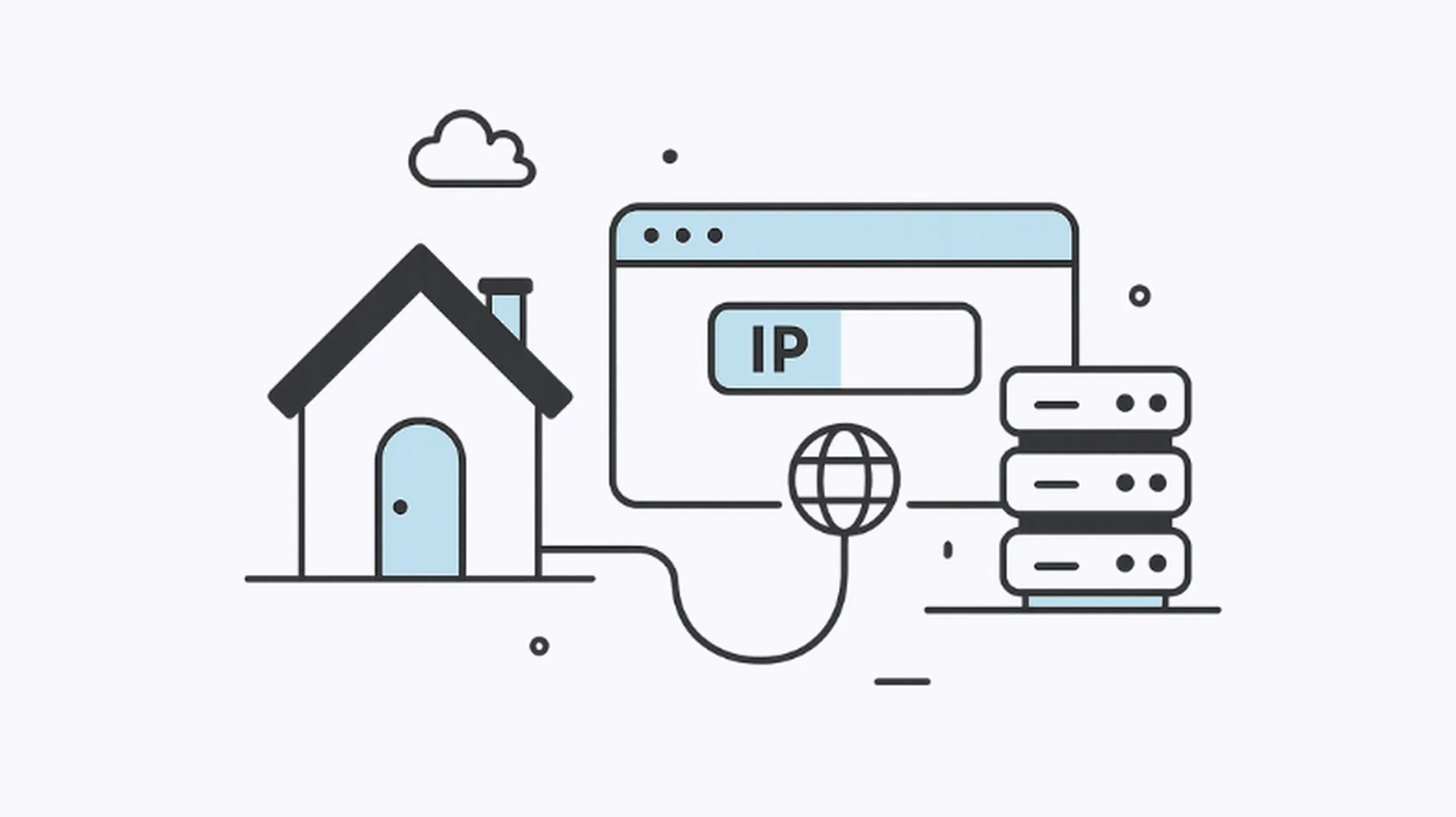 Flat illustration of residential proxy web scraping showing a house, browser window, IP icon, and servers