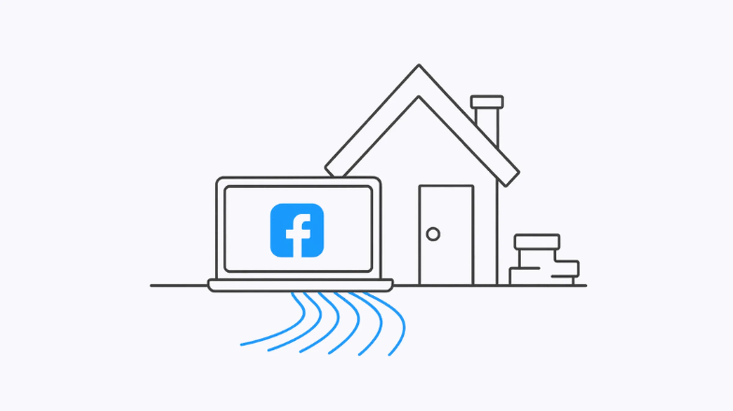 Minimalist line-art illustration of a laptop with a Facebook icon and a residential house, symbolizing secure Facebook access through residential proxies.