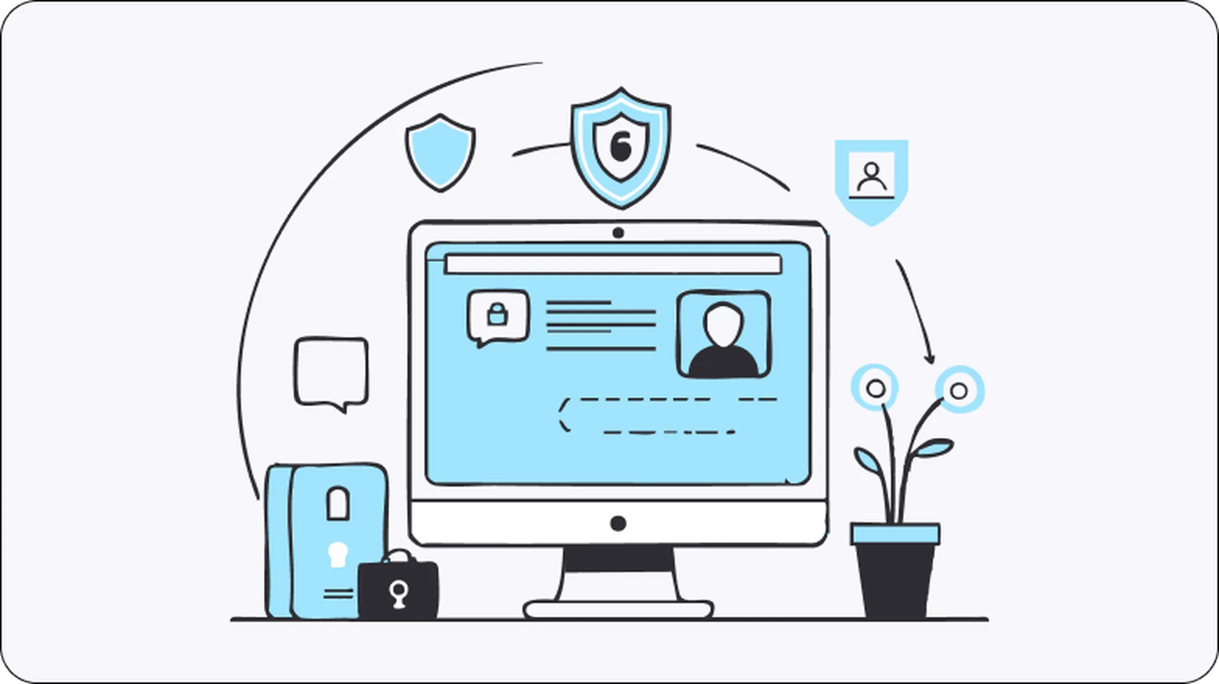 Illustration of a desktop screen displaying a user profile with shields and padlocks around it, symbolizing the use of social media proxies for secure and efficient management of multiple accounts.