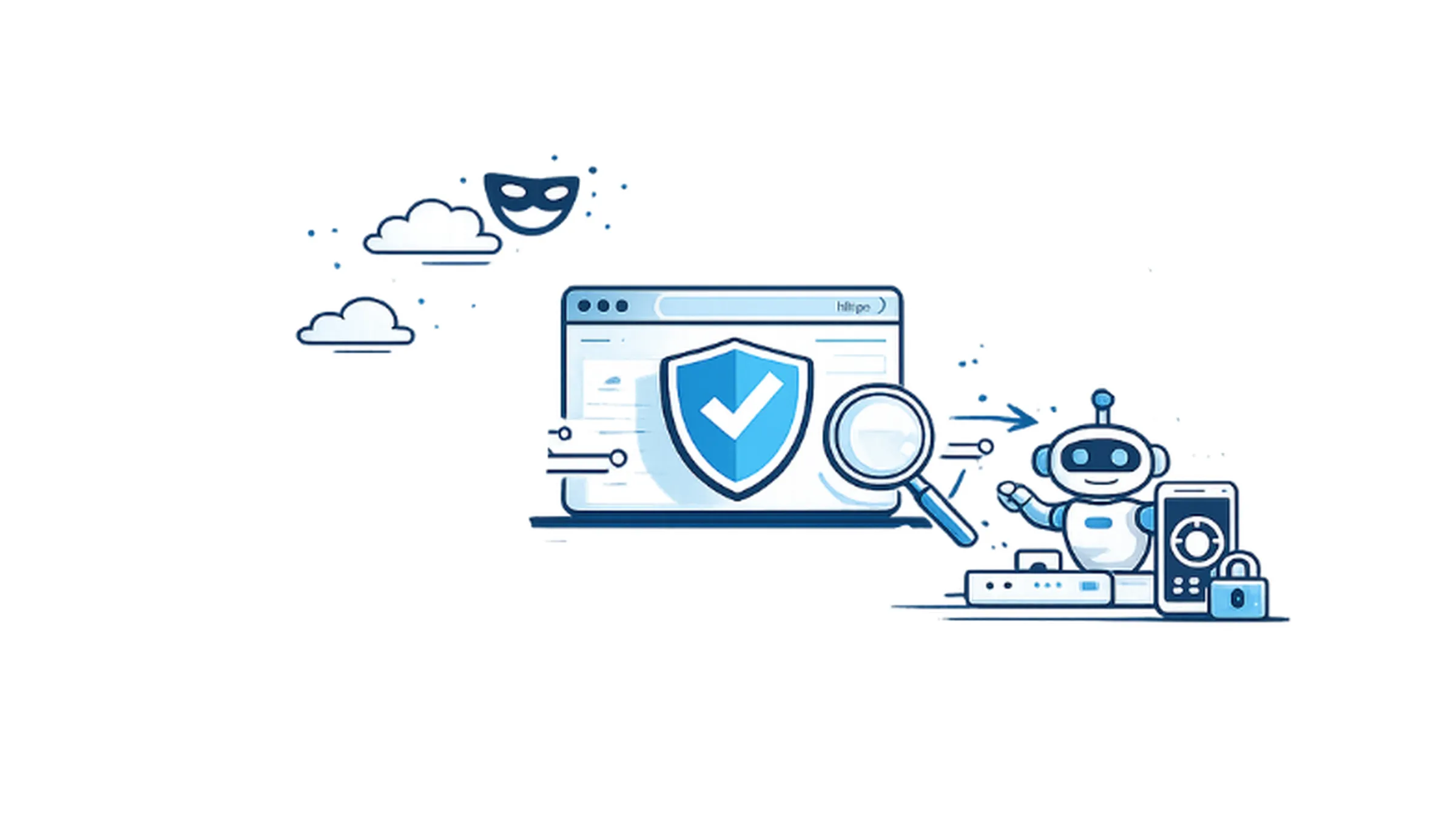 Proxy browser illustration with secure web session, server routing, and cybersecurity risk icons in blue flat style.