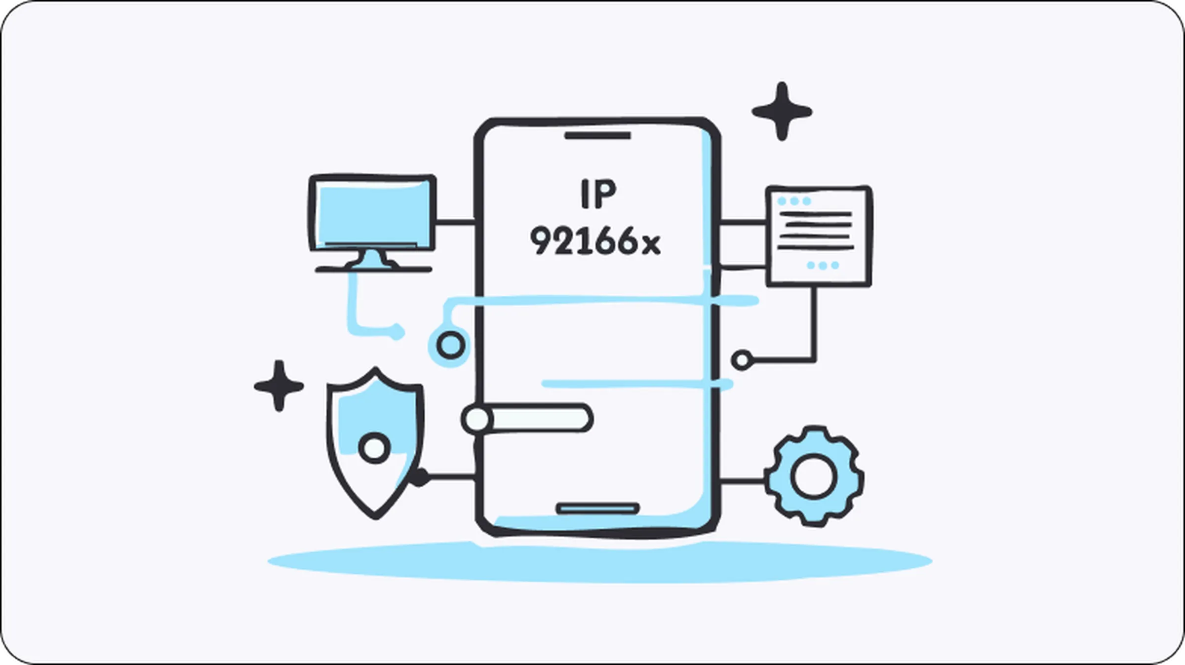 Illustration of a smartphone displaying an IP address, surrounded by icons for security, gears, and data, symbolizing the importance of IP rotation for anonymity, system performance, and access management.