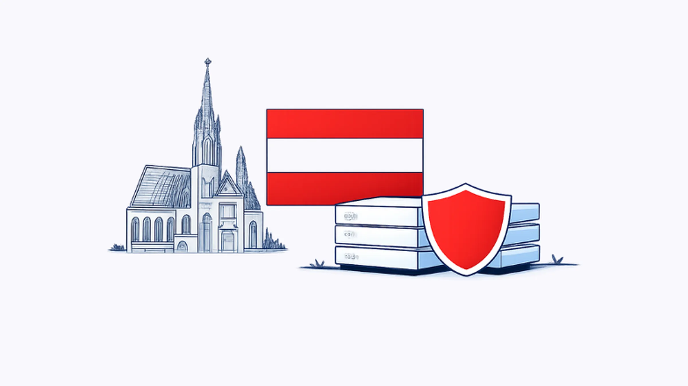 Austria proxy illustration with Austrian flag, local landmark, and secure proxy servers.