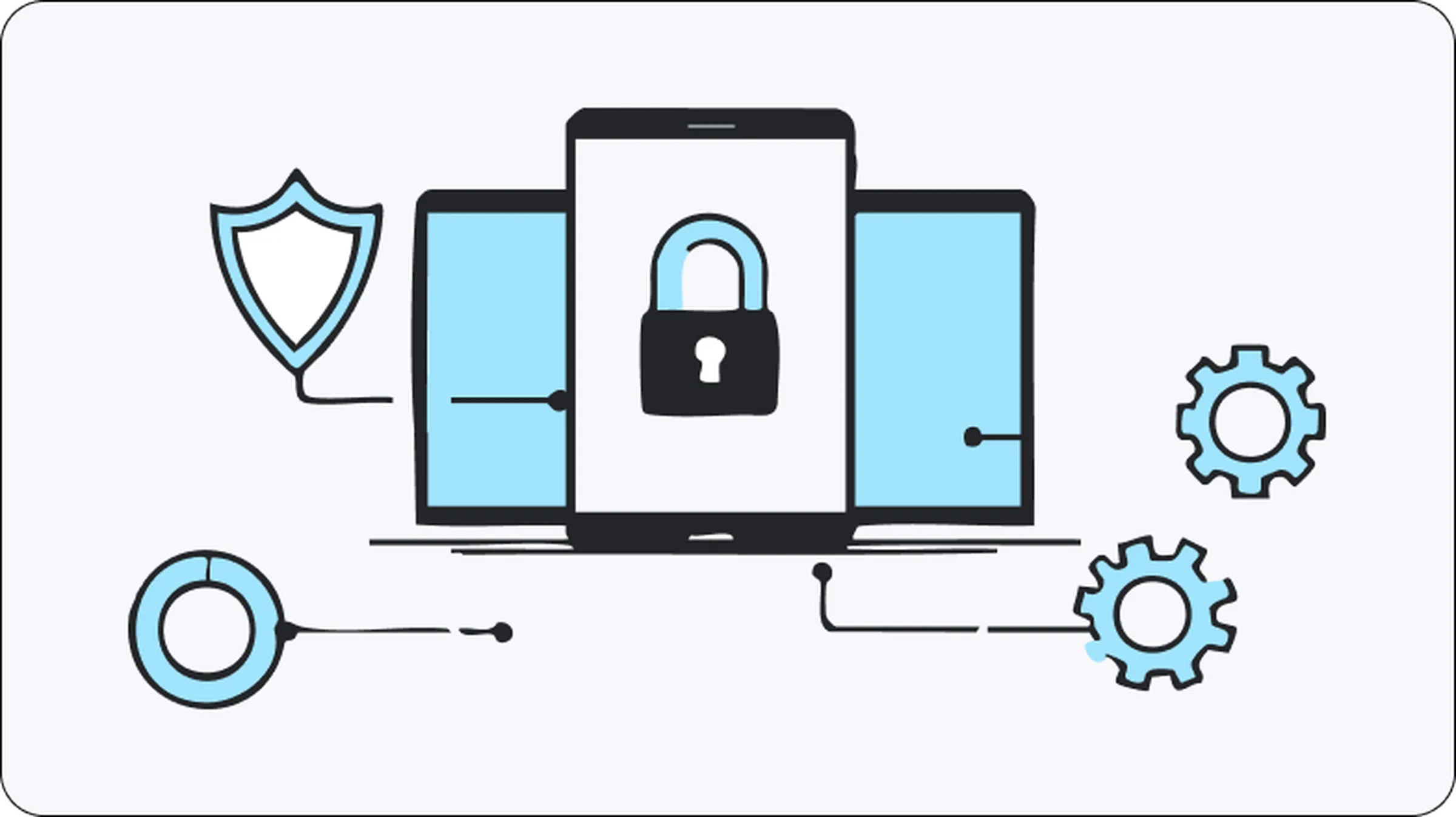 Illustration of a mobile device with a padlock icon, surrounded by shields and gears, symbolizing secure and optimized use of residential sneaker proxies for high-speed bot performance