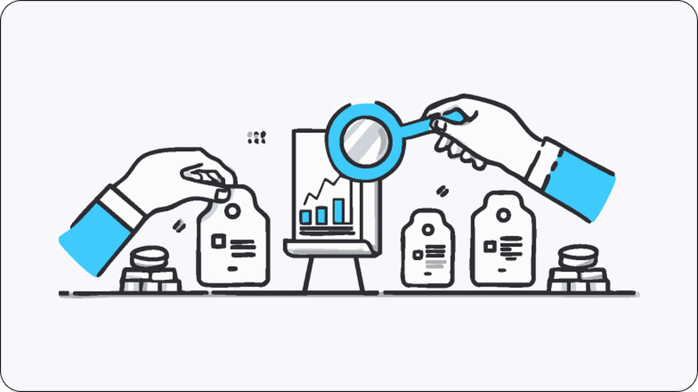 Illustration of hands analyzing product price tags with a magnifying glass and laptop graph, representing online price monitoring and market tracking.