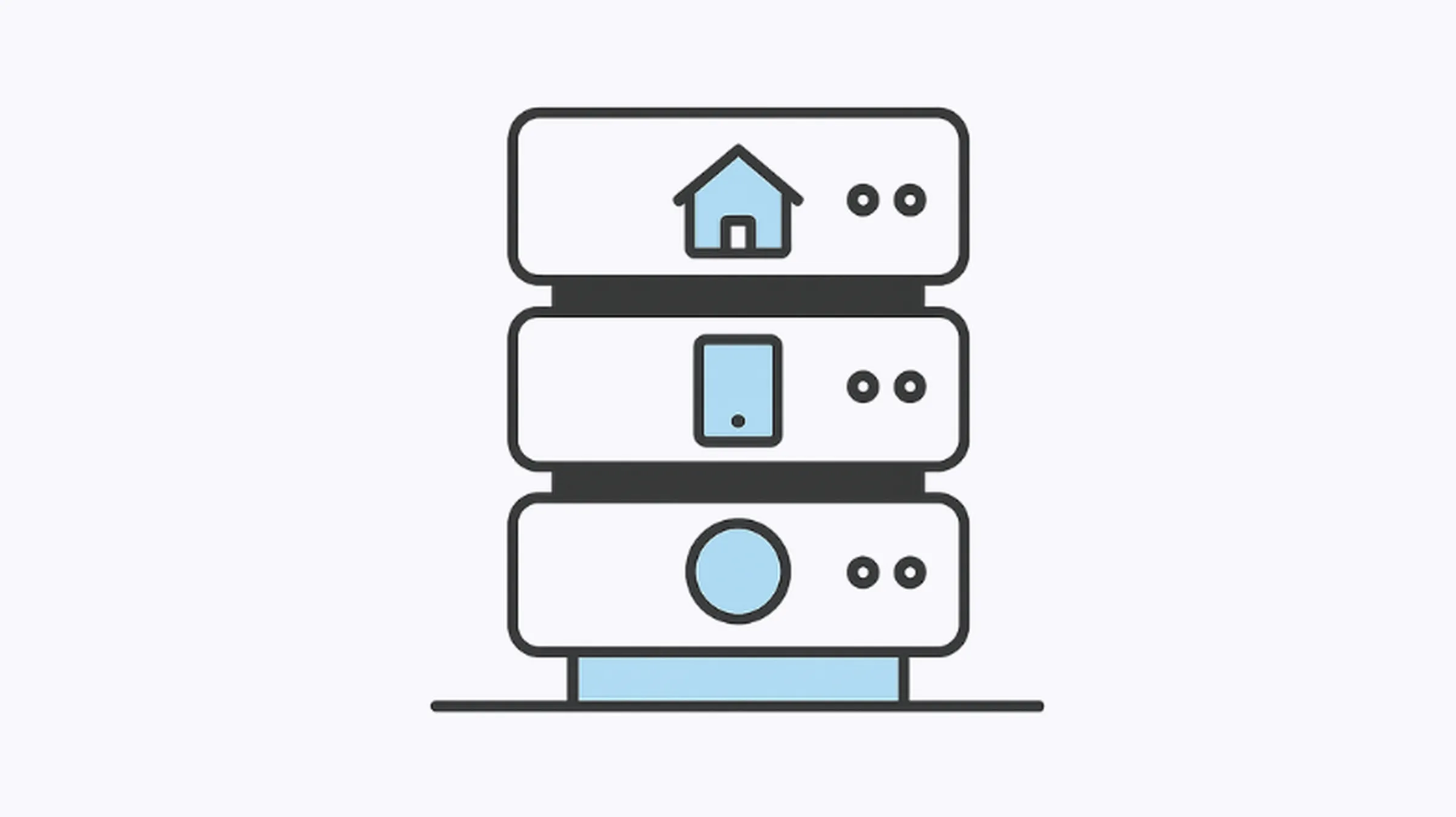 Flat minimalist illustration of stacked servers with icons representing different proxy types, symbolizing various kinds of proxy servers and their uses.